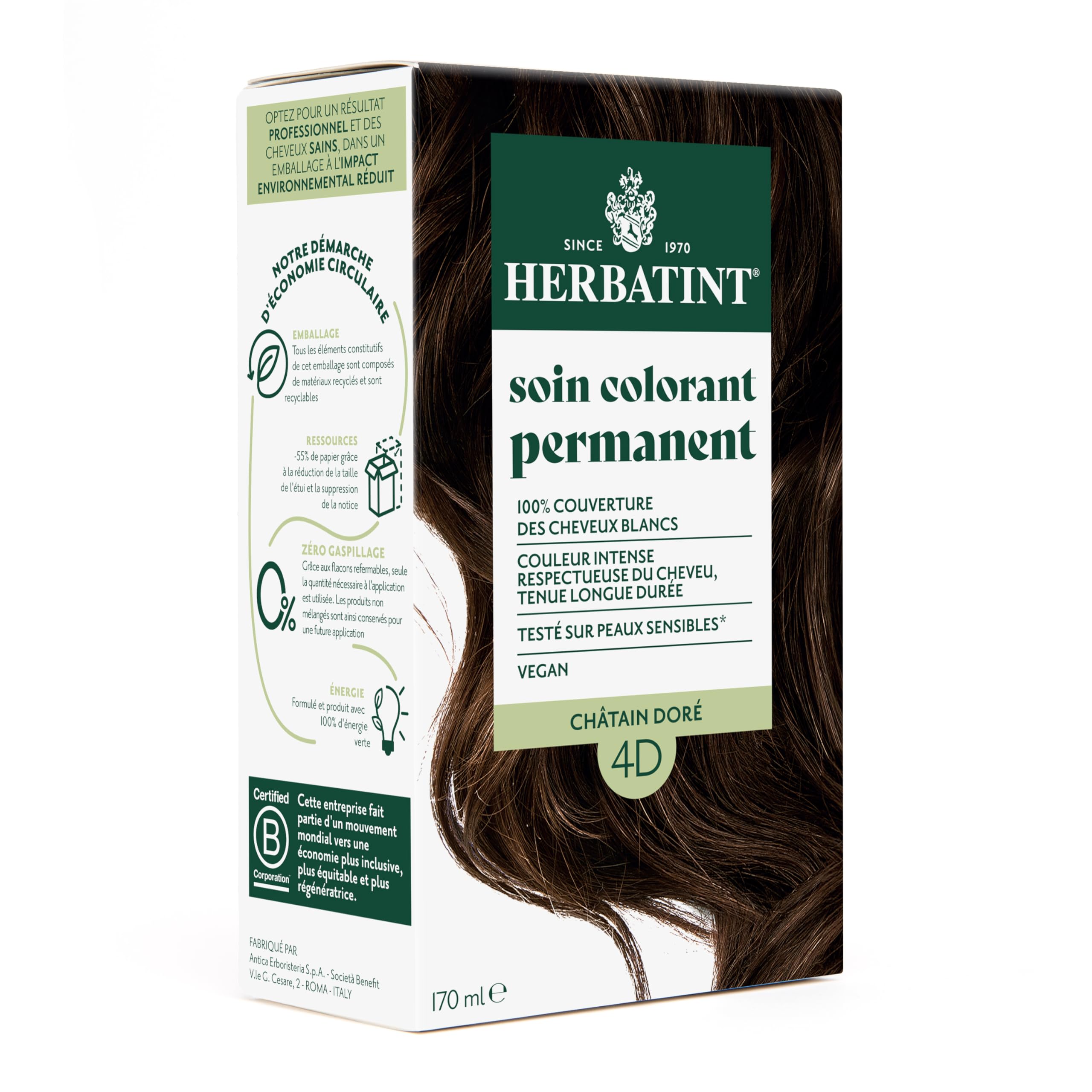 Herbatint Soin Colorant Permanent Cheveux 4D Châtain Doré - 170 ml | Sans Ammoniaque, 100% Couverture des Cheveux Blancs | Testé Dermatologiquement pour Peaux Sensibles, avec 8 Extraits Végétaux Bio
