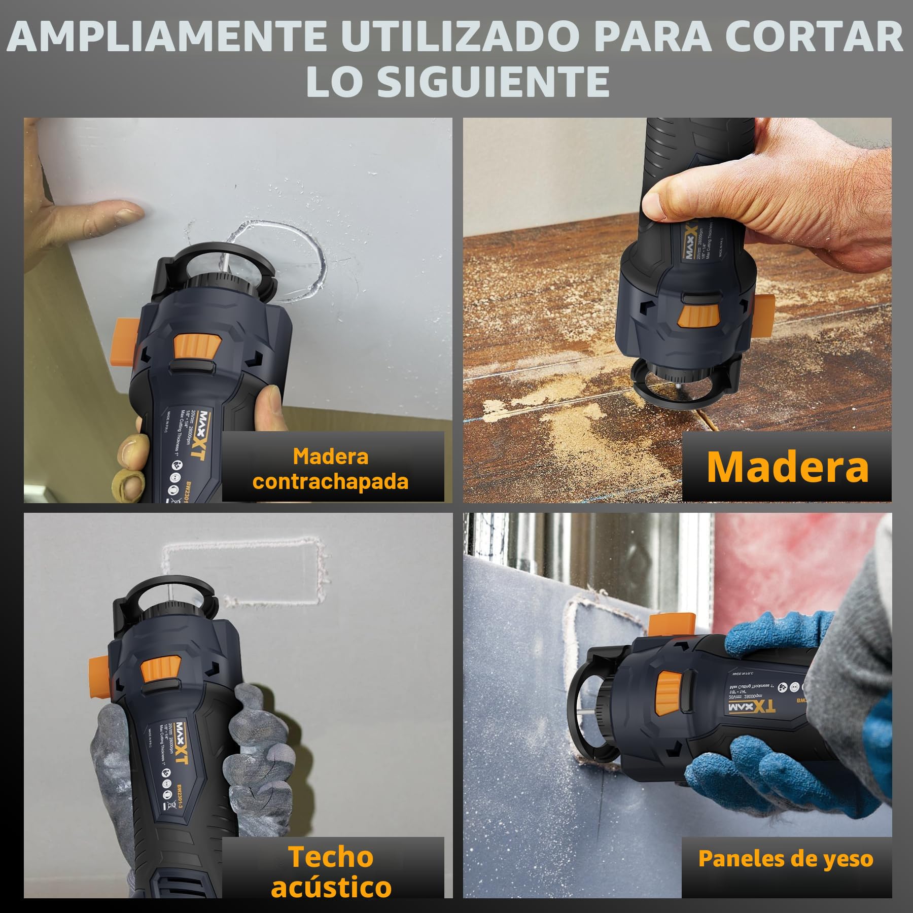 Fresadora de Corte a Batería, MAXXT Sierra de Corte con LED 20V 28000RPM, Herramientas de Corte de Yeso sin Cable para Contrechapado/Madera/Yeso（Incluye Baterías y Cargadores）