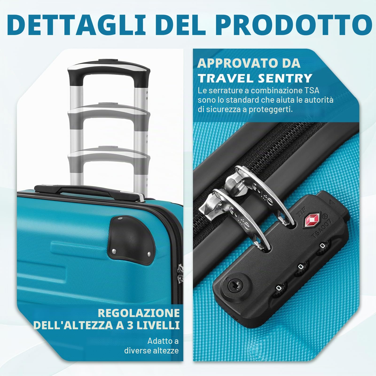 COOLIFE Set di 3 valigie, M+L+XL, guscio rigido in ABS, con lucchetto TSA | Ruote silenziose, maniglia telescopica, cerniere YKK, angoli antiurto, per viaggi in famiglia, periodi di studio all'estero