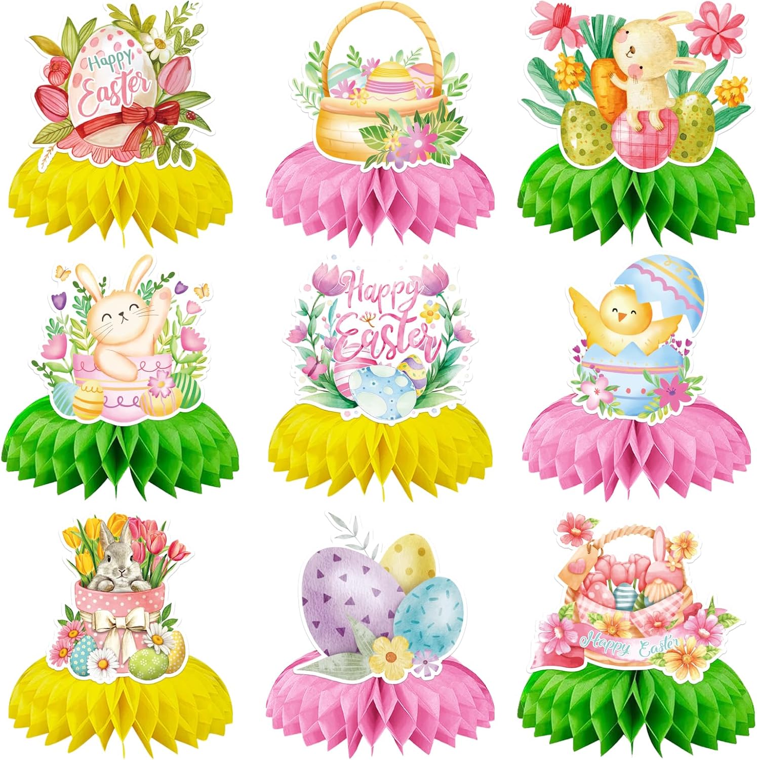 Easter Decorations, 9Pcs Easter Day Honeycomb Centerpieces, Egg Bunny Table Topper Decors for Kids Girls Spring Easter Baby Shower Birthday Rabbits Theme Party Supplies