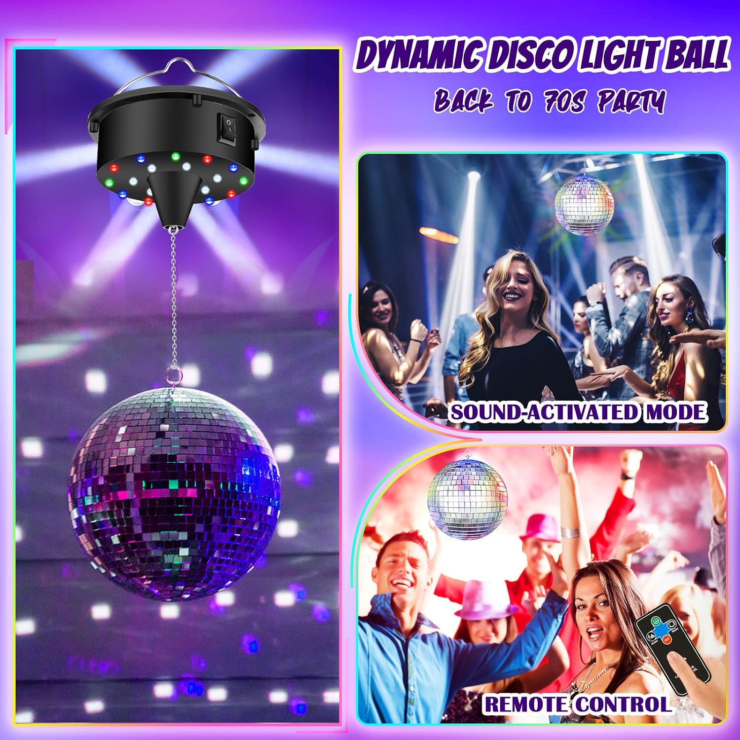 10RPM Disco Ball with Motor and 6Inch Mirror Ball — Plug/Battery Operated Disco Motor with 18 LED Beads 4 Color Lights and Remote Control, for Birthday Party, Back to 70s Theme Party Atomosphere