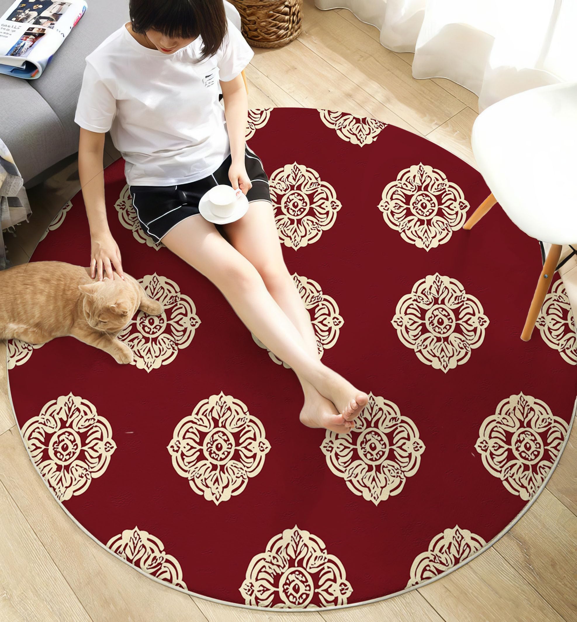 Tapis Rond 120cm, Microfibre Douce Tapis Circulaire Ethnique Art, Moquette Salon Chambre, Imprimés Symétrie Mandala Antidérapant Lavable Moquette de Décoration, Bordeaux