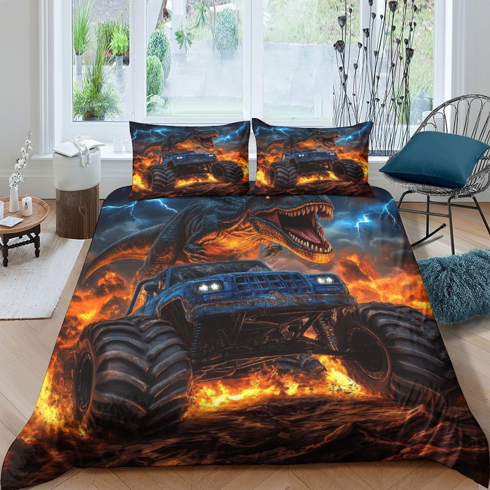 Ctjqhvkz Style-5 3D Printed Monster Truck Fitted Sheet Microfiber Orange Flame Bed Cover For Bedroom Dorm Mattress Decor Protection Single（135X200cm）