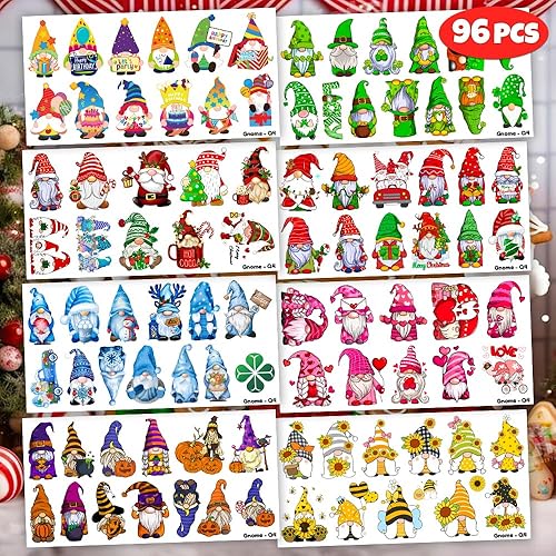 Miniatura 2 de 96 piezas de lindos gnomos de jardín de Pascua, tatuajes temporales temáticos de fiesta de cumpleaños, suministros de decoración, calcomanías de