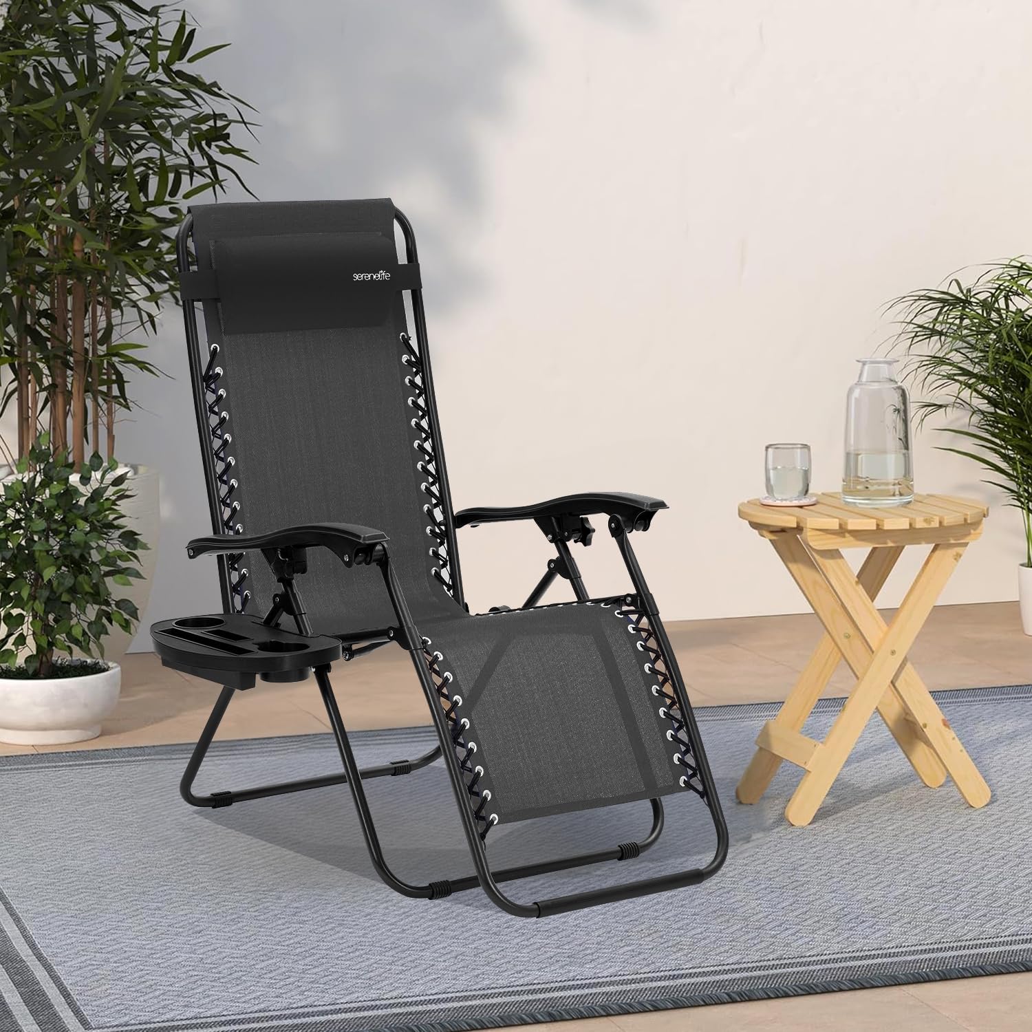 SereneLife Zero Gravity Chair - Outdoor Recliner With Headrest, Cup Holder & Locking Mechanism, 264 Lb Capacity