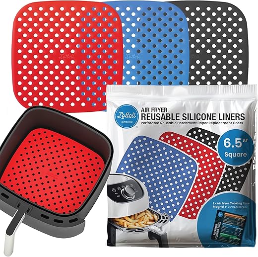 LOTTELI KITCHEN Reusable Silicone Air Fryer Liners with Air Fryer Magnetic Cheat Sheet, Easy Clean Air Fryer Accessories, Non Stick, AirFryer Accessory Parchment Paper Replacement (Square 6.5")