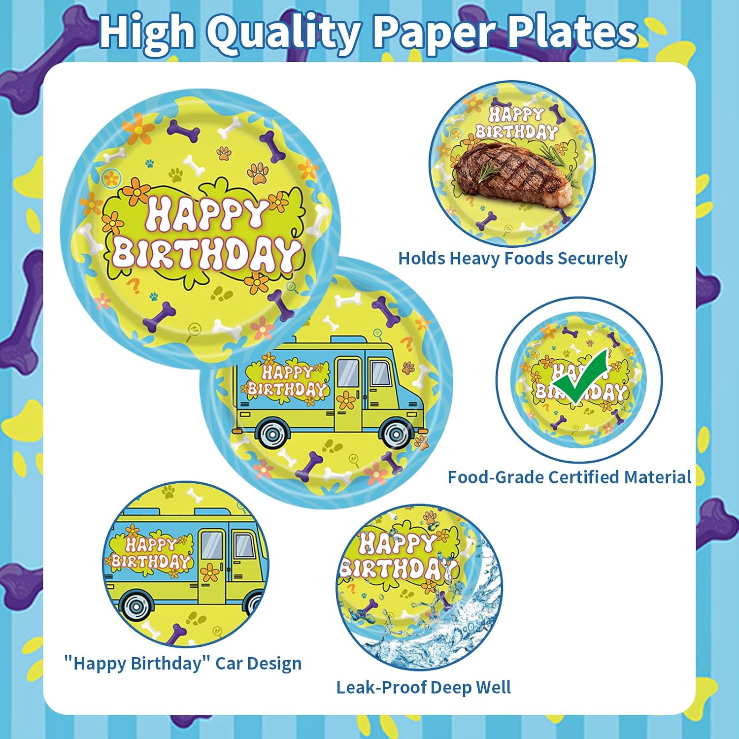 121 Pcs Mysterious Dog Party Decorations Birthday Tableware Kit Hippie Groovy Cartoon Car Birthday Plates and Napkins Tablecloth, Cups, Plates, Forks, Napkins for 24 Guests