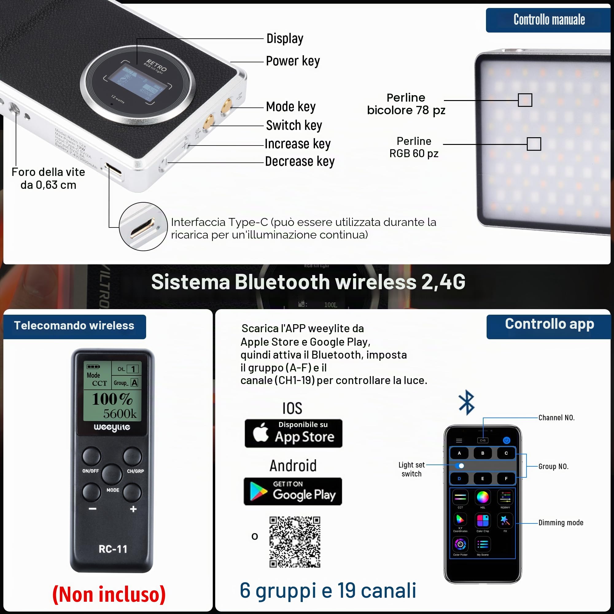 VILTROX Retro12X Luce Video RGB, Luce Led Fotografia con Batteria da 22Wh 3000mAh, Pannello Luce LED da Dimmerabile 2500K-8500K, CRI 95+ per Tiktok/Foto di Prodotti/videocamere DSLR, Fotografia