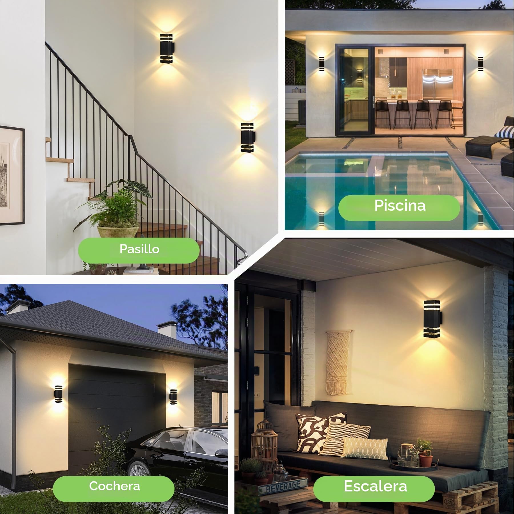 CANMEIJIA Aplique pared Exterior, luces de pared para exteriores IP65, impermeables, luces exteriores, luz de porche, lámpara de puerta delantera, moderna, aluminio negro, 3000K, incluye 4 * 6 W GU10