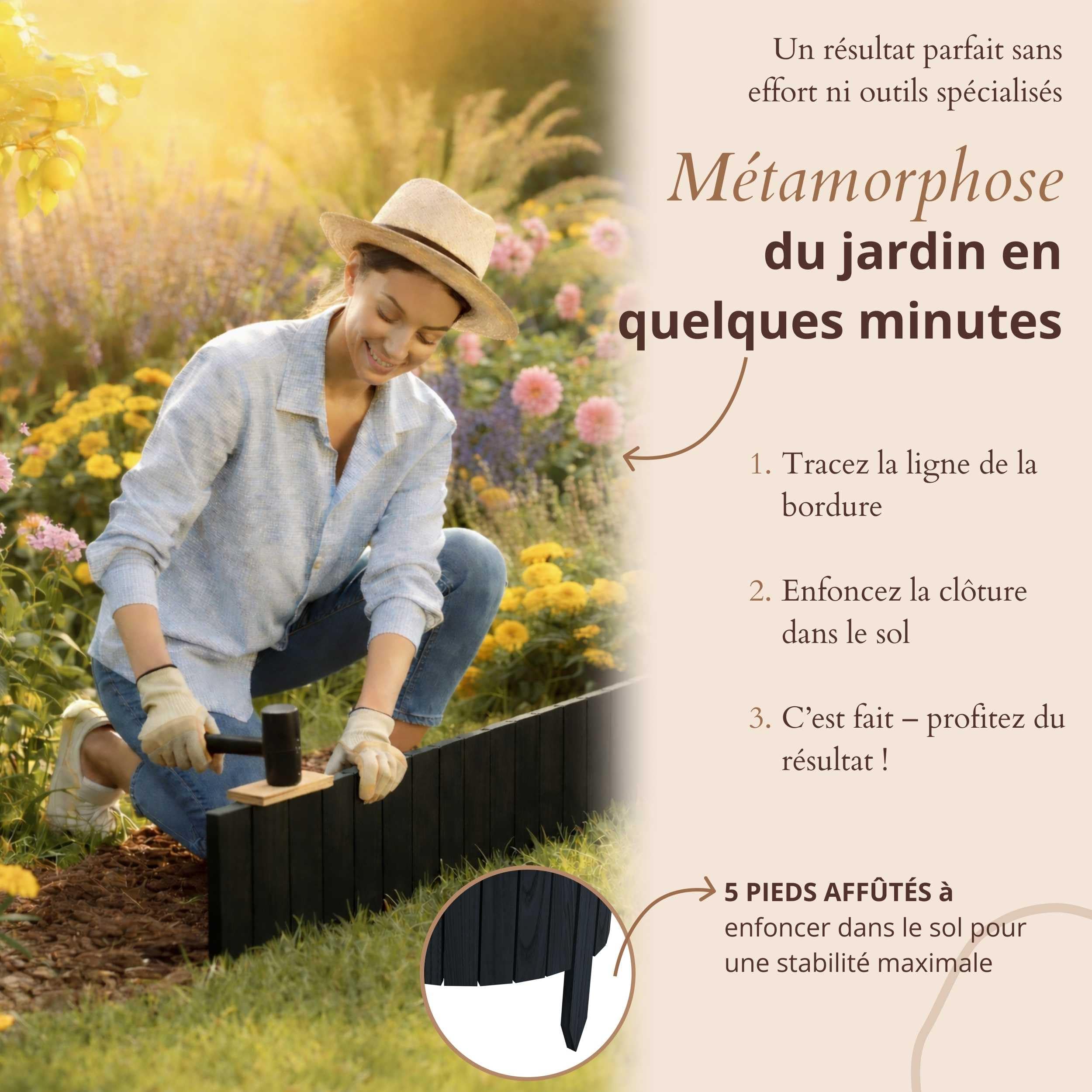 Floranica Bordure de Jardin en Bois Flexible 40 x 200 cm Noir avec piquets, idéale pour délimiter pelouse et massifs de Fleurs