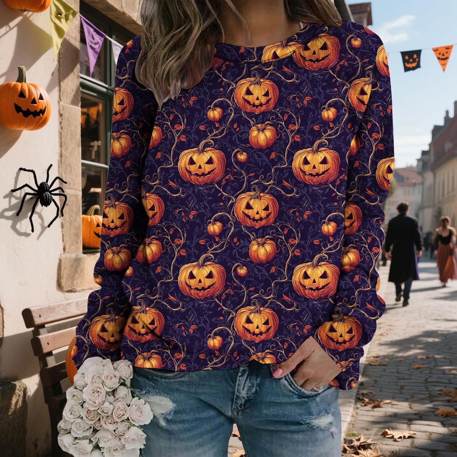 LIZALIG Pullover Cute Sweatshirt Orange Skeleton Fall Festive FunWomens Design Bat Holiday Party Outings Pumpkin Print - Image 2
