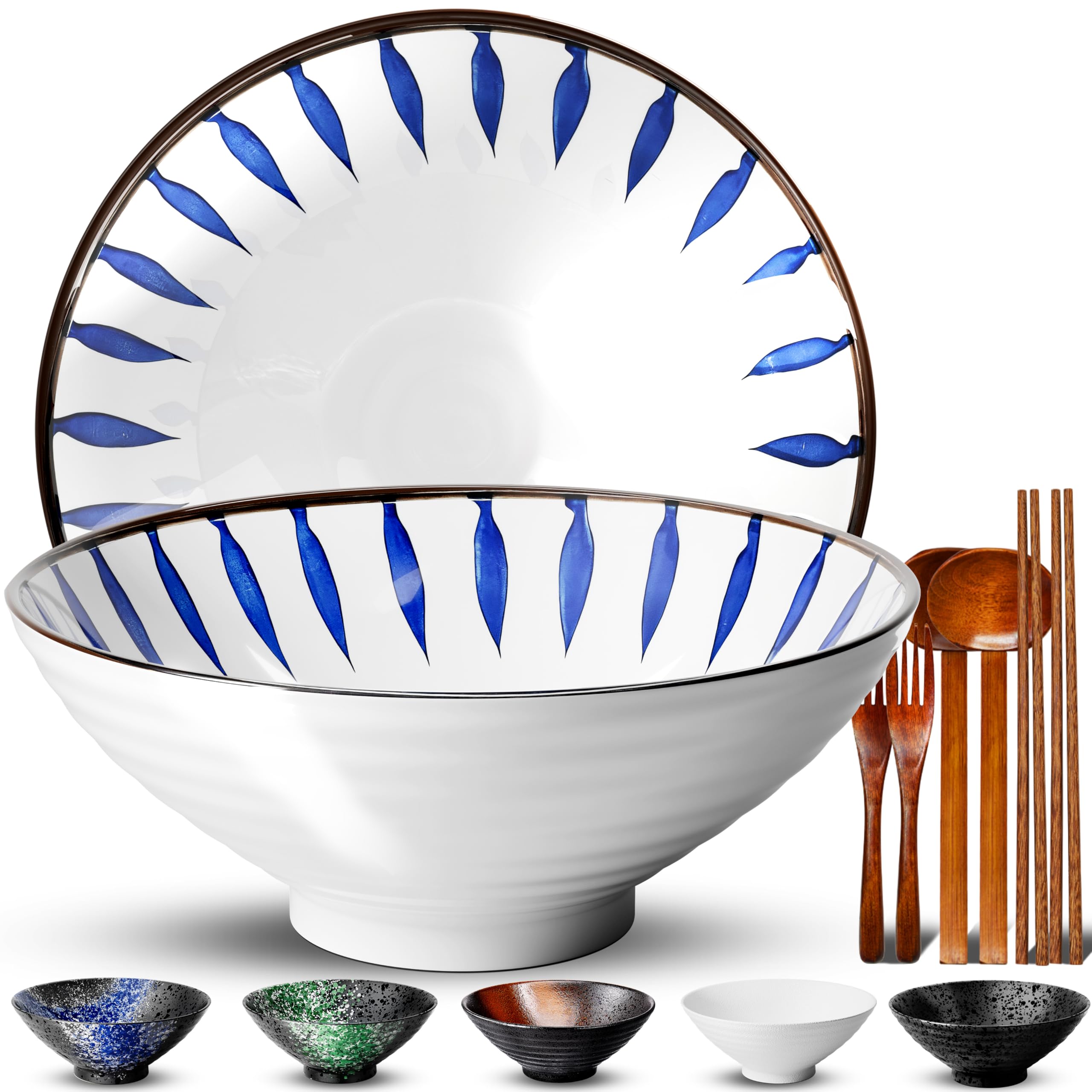 YTLEMON 8-Inch Ramen Bowl Set for 2 (8pcs) - Large Ceramic Japanese Noodle Bowls with Chopsticks Forks Spoons Perfect for Salad Serving Soup Pho Cereal Microwave Dishwasher Safe Gift for Men Women