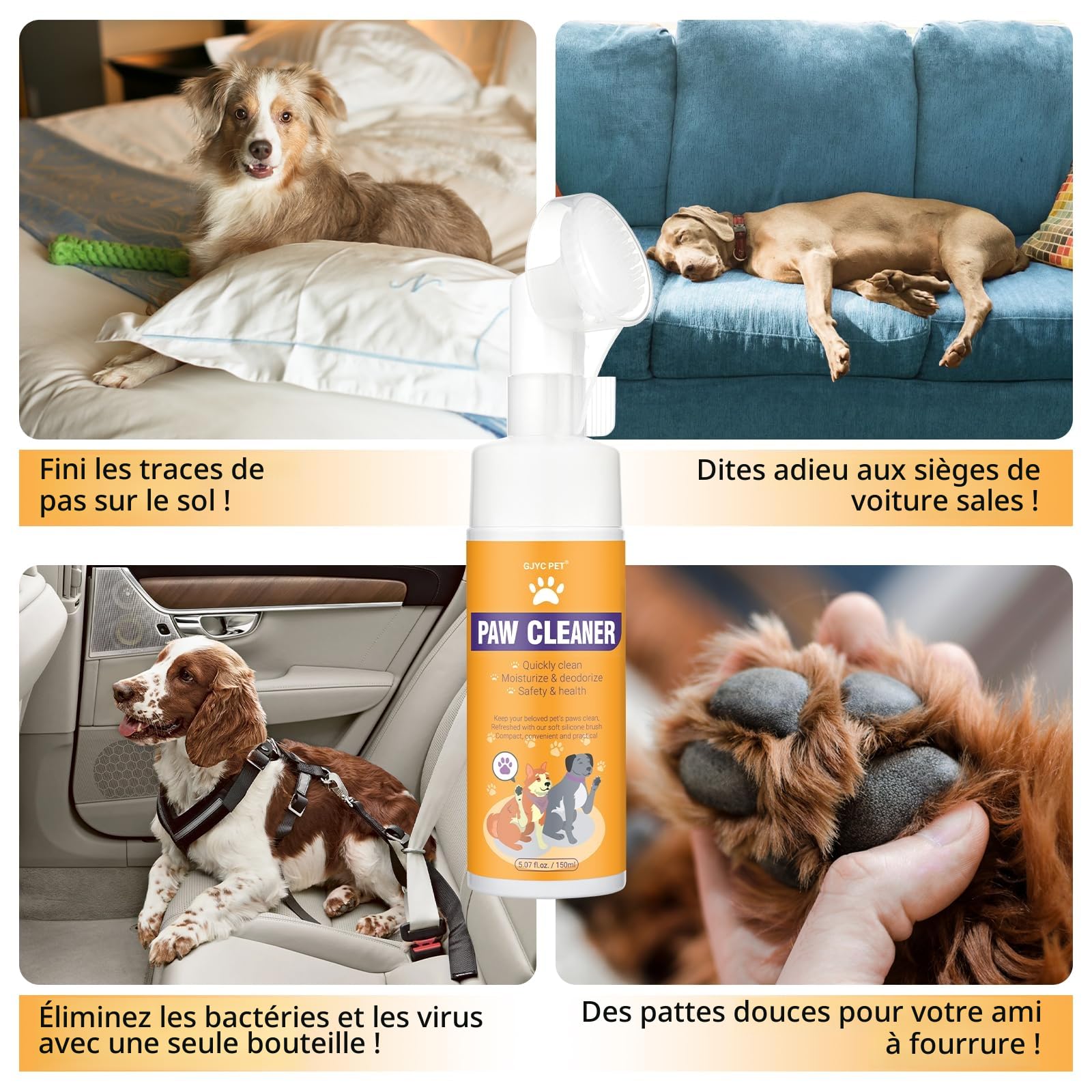 Nettoyeur de Pattes de Chien, shampooing sans Eau avec Brosse en Silicone Souple, Mousse hydratante pour Un Lavage Efficace des Pattes, Nettoyeur de Pattes Facile et Portable pour Chiens, 150 ML