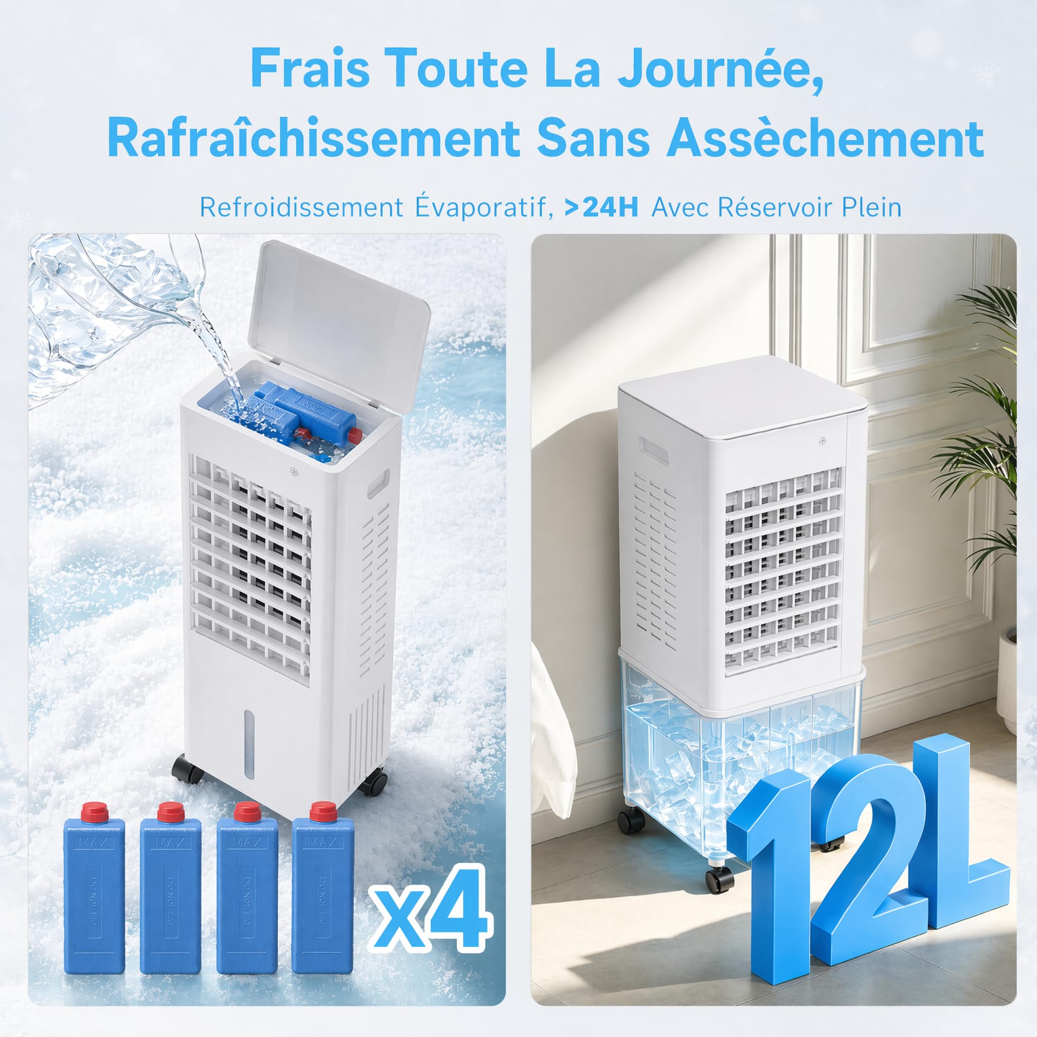4 in1 Air Cooler 12L Air Conditioner Mobile klimaanlage ohne abluftschlauch 4 ice crystals,3 Windstufen Stumm 1-12 Hour Water Cooling Humidifier Air Purifier for Home Room Office