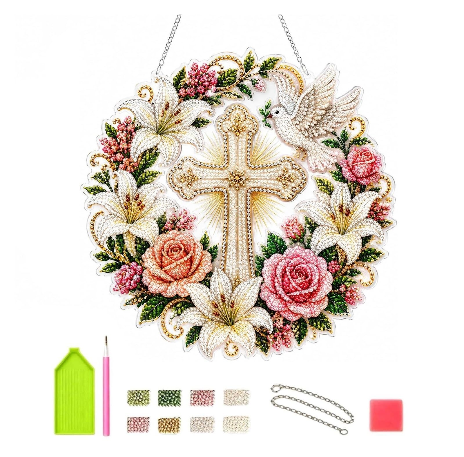 sloiaz Cross Flower Dove 5D Diamond Art Suncatcher Kit, Religious Acrylic Hanging Ornament for Adults