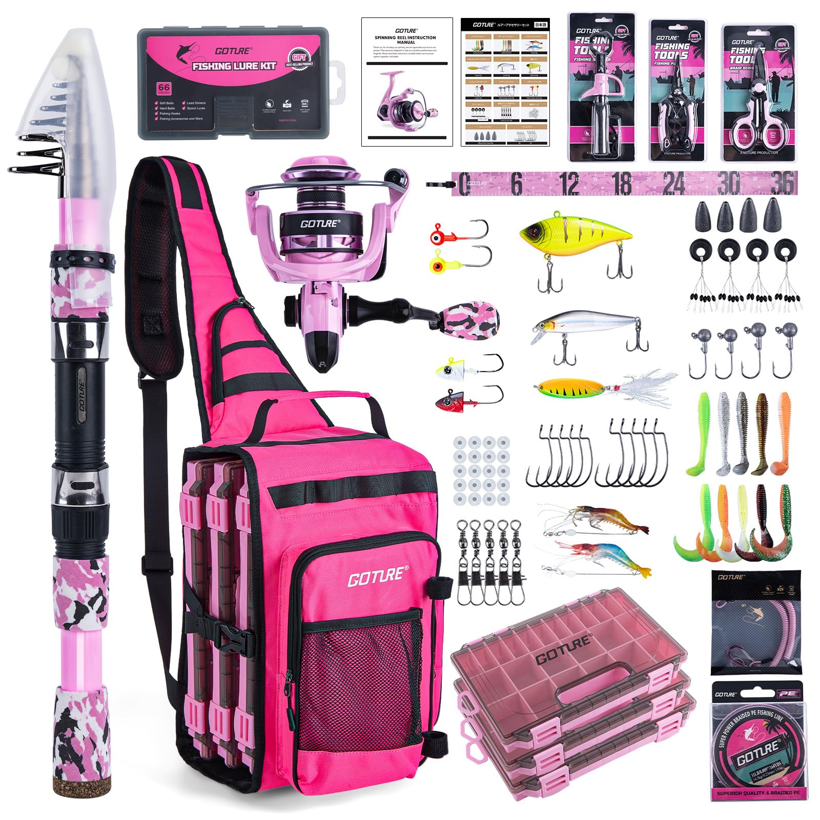 Goture Pink Fishing Rod and Reel Combos with 12L Sling Bag, Telescopic Pole Spinning Reel Lures 3 Tackle Boxes Set, Telescopic Fishing Rod Fishing Kit for Travel Saltwater Freshwater 2.7M A1