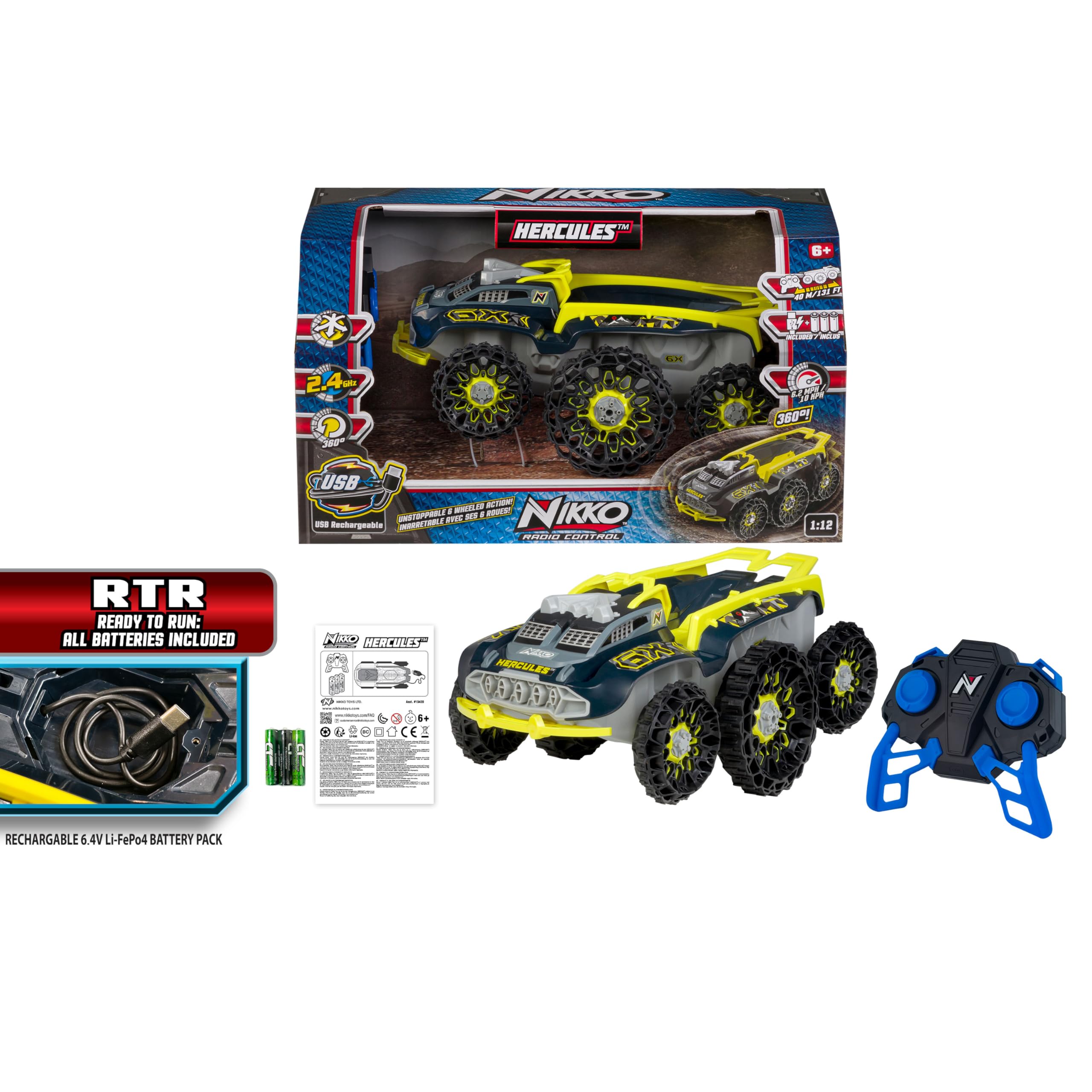 Nikko RC 10421 Hercules offroad-auto met 6 wielen, 360 graden rotatie, super rijgevoel, 15 km/u, 30 cm, afstandsbediening 2,4 GHz, bereik 40 m, voor kinderen vanaf 6