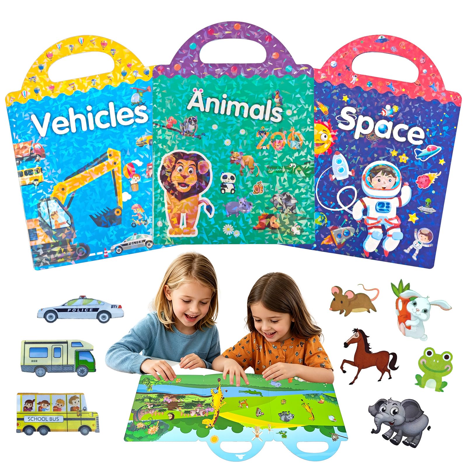 3Pcs Reusable Sticker Books for Toddlers Travel Toys with 3D Puffy Stickers