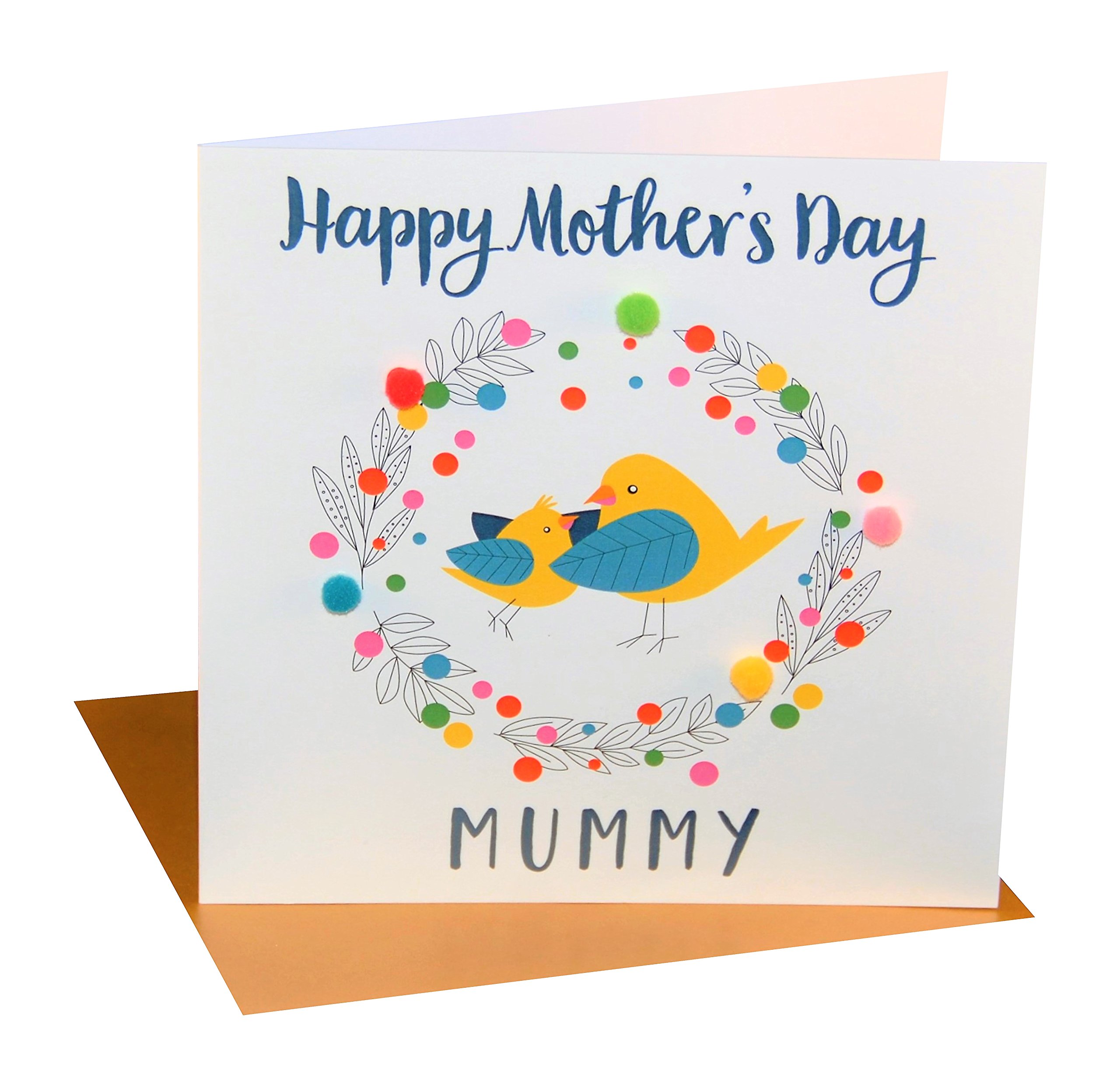 Claire Giles Greeting Cards, Happy Mother's Day Mummy Card, Mummy Bird Mothering Sunday Card, Embellished with Colourful Pompoms