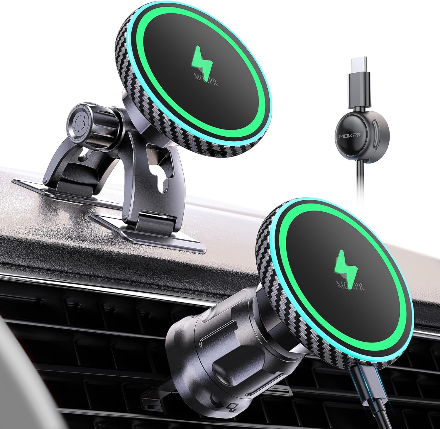 MOKPR for iPhone Magsafe Car Mount Charger, Wireless Car Charger Magnetic Car Phone Holder for Dash Air Vent-LED HandsFree Car Mount Fast Car Charger for iPhone 17/16/15/14/13/12