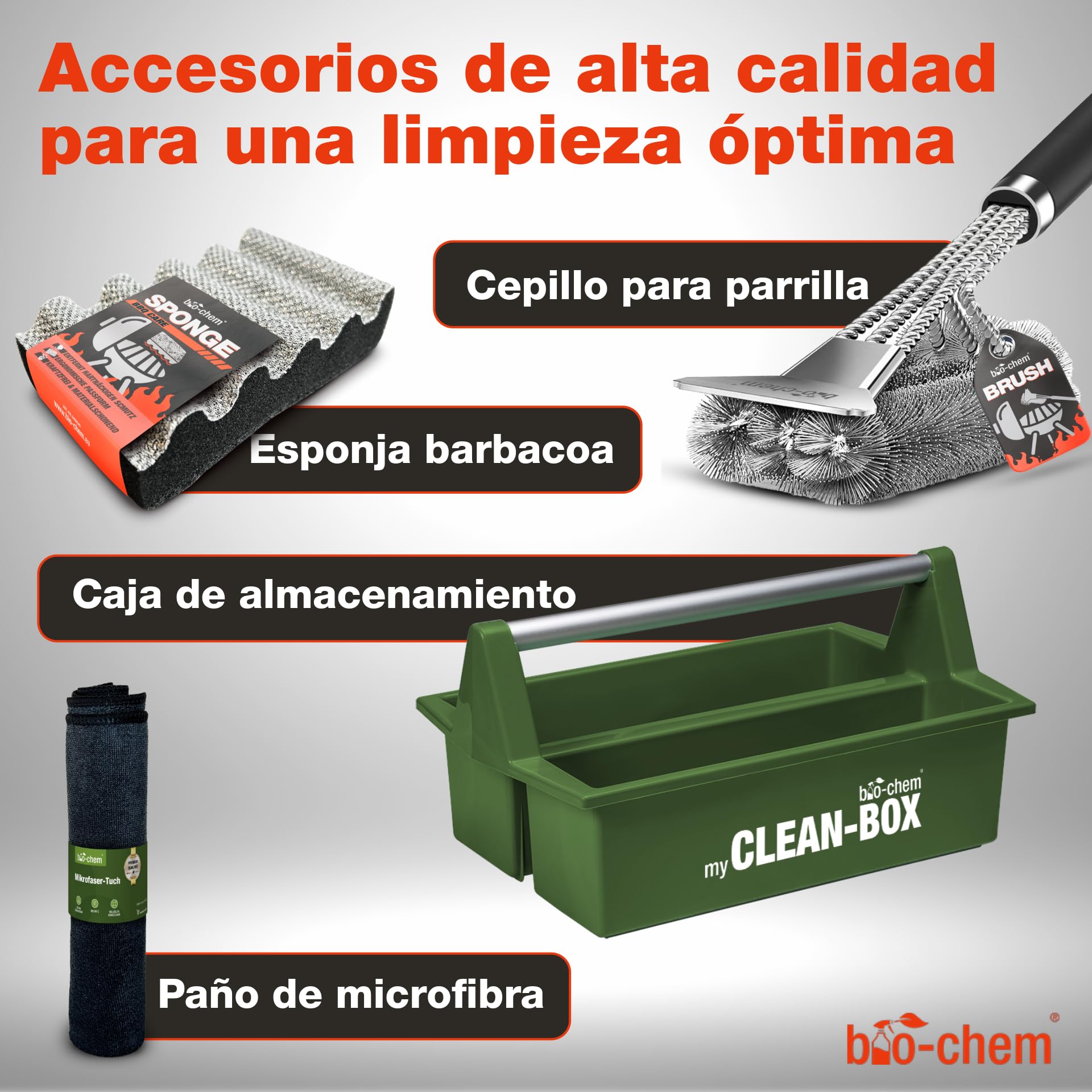Bio-Chem - Kit Limpieza Barbacoa con pulverizador de Espuma 9 pz: Limpiador Resina 0,5L - Desengrasante Superficies BBQ 750ml - Spray per INOX 750ml - Spray di Aceite 200ml - con Accesorios
