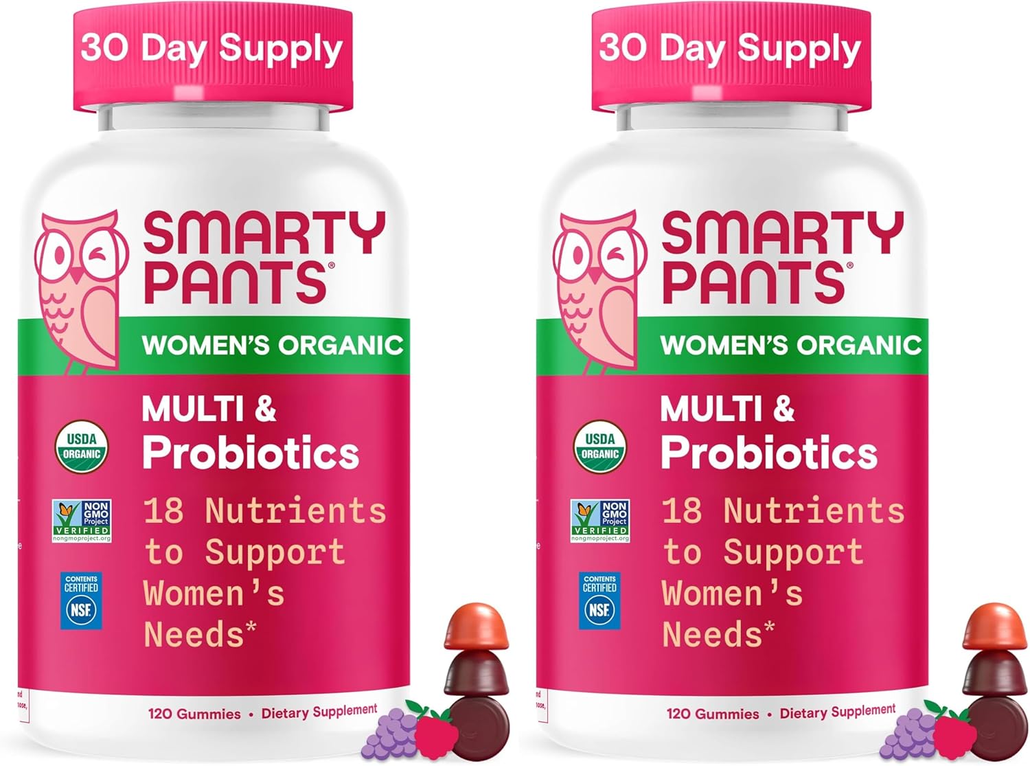 SmartyPants Organic Women's Multivitamin Gummies: Biotin,Probiotics,Methylfolate,Omega 3 (ALA),Vitamin D3,C,Vitamin B12,B6,A,K & Zinc,Inositol,Gluten Free,(30 Day Supply),120 Count (Pack of 2)