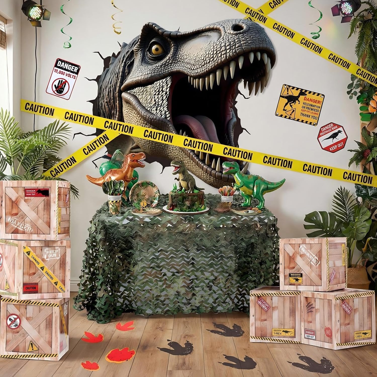 Panelee 16 Pcs Dinosaur Party Decorations Kit with Favor Boxes Caution Tape Camo Netting Safari Jungle Dinosaur Park Themed Party Supplies for Birthday Decorations