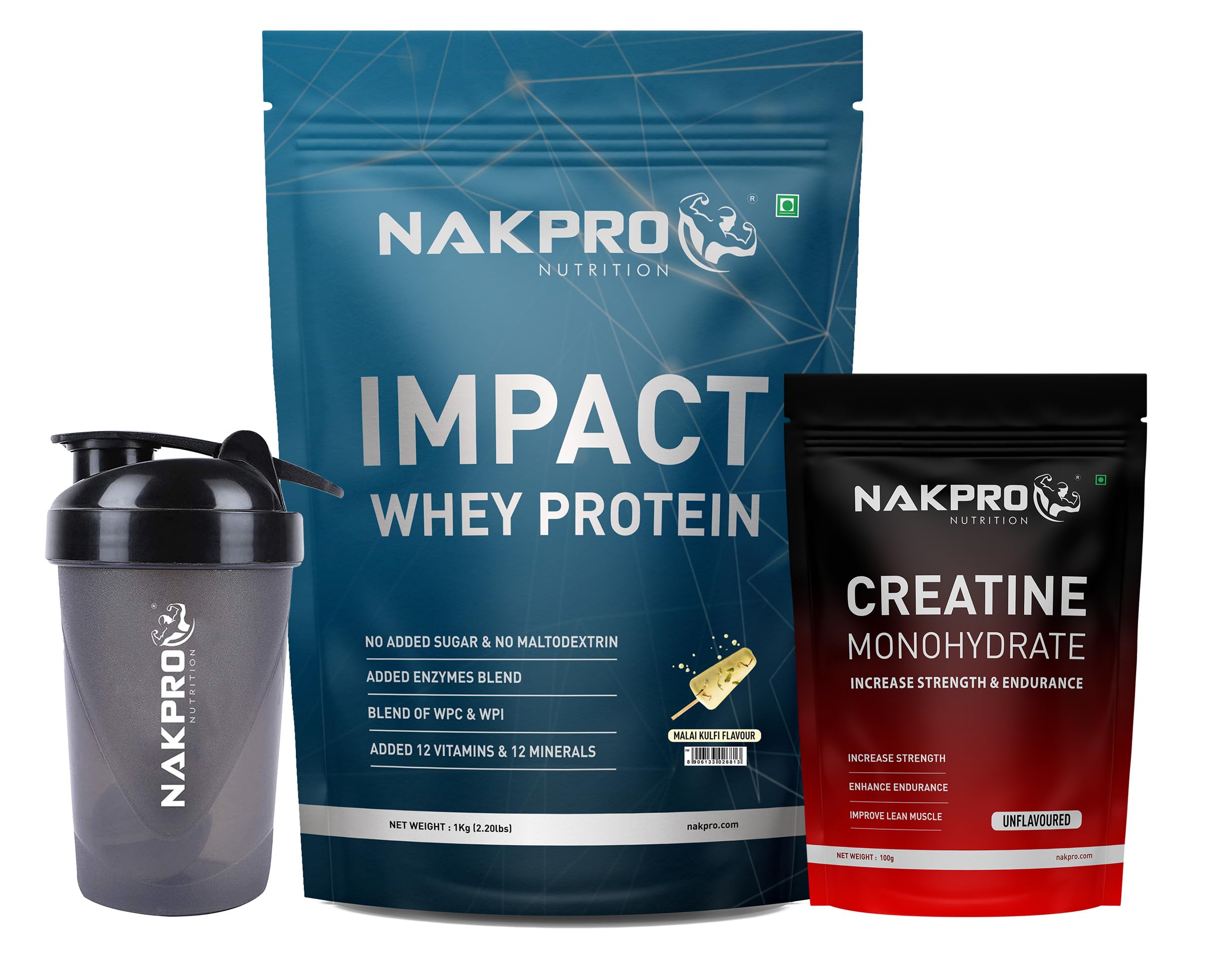 NAKPRO Impact Whey Protein Supplement Powder Combo (1 kg with Creatine & Shaker, Malai Kulfi)