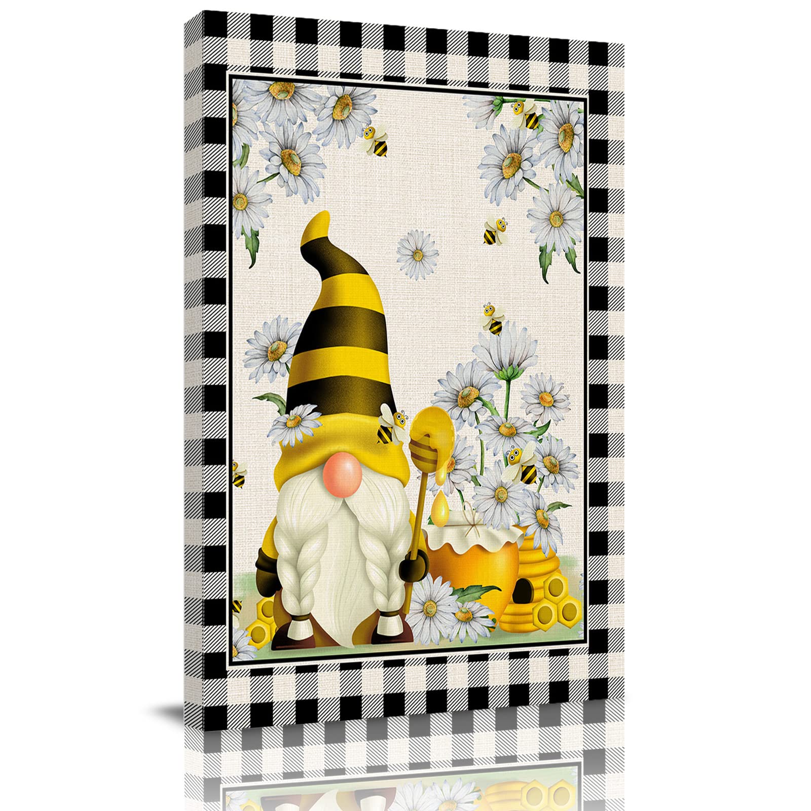 Canvas Wall Art for Bathroom Kitchen Summer Gnome Bee White Daisy Honey Black Plaid Picture Painting Prints Wall Art Modern Wall Decor for Bedroom Living Room, Framed Artwork Ready to Hang 12x18in