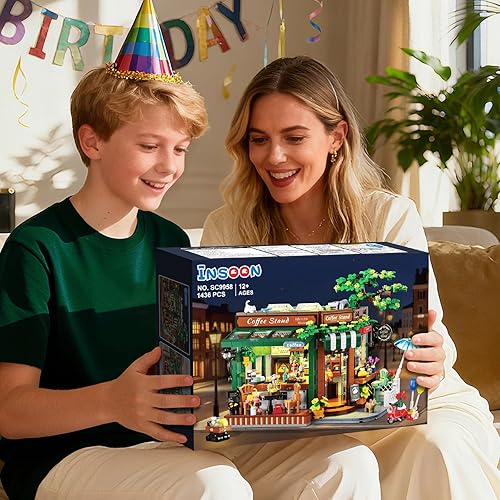 Miniatura 9 de Juego de construcción de soporte de café callejero con luz LED, kit de bloques de construcción de casa de café urbano, arquitectura clásica de
