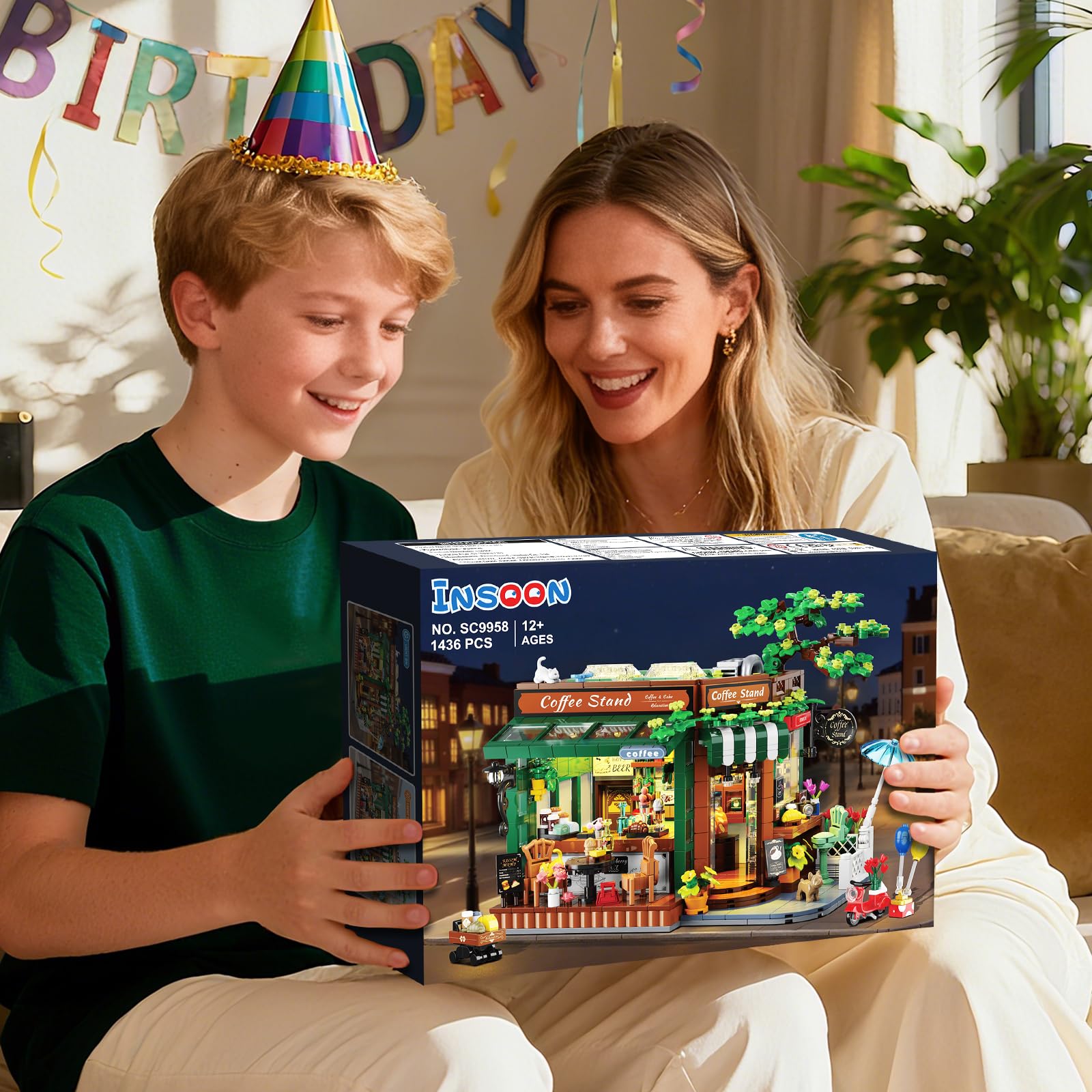INSOON City Street - Set da costruzione per casa da caffè con luci, 1493 pezzi, stile retrò, con design apribile, modello per caffetteria, decorazione domestica, regalo per adulti, donne, adolescenti