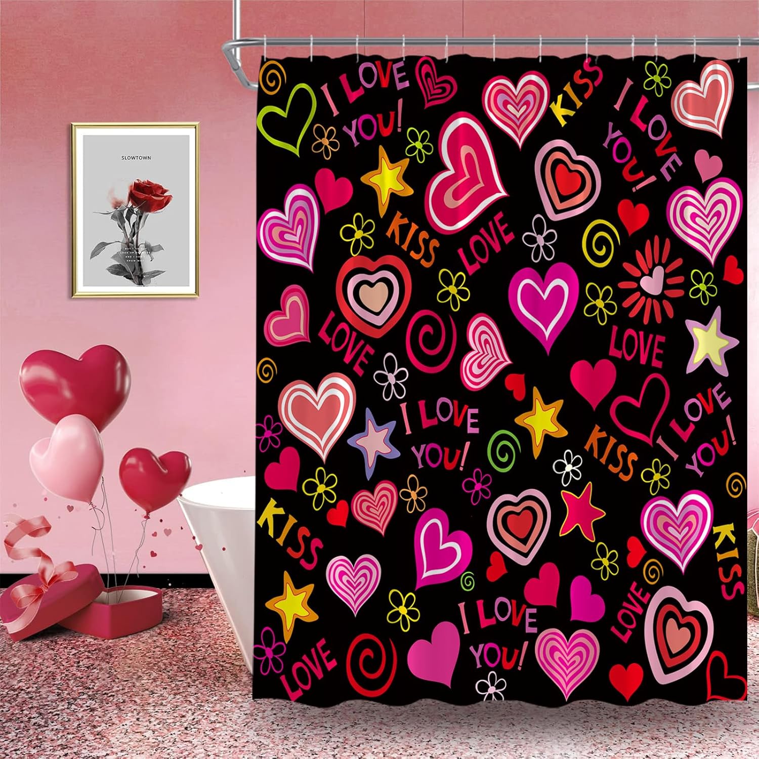 Valentine's Day Shower Curtain Red Pink Sweet Heart Romantic Love Sign for Lover Couple Modern Boho Colorful 70" Wx96 H Bathroom Decor Curtain with Hooks