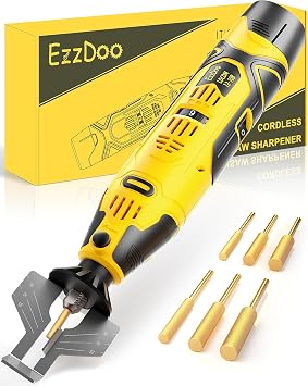 EzzDoo Electric Cordless Chainsaw Sharpener Kit - Portable 12V Chain Saw Sharpener Tool with 6 Titanium-Coated Diamond BitsWheels & Angle Guide - Easy to Use for All Chainsaw Chains.