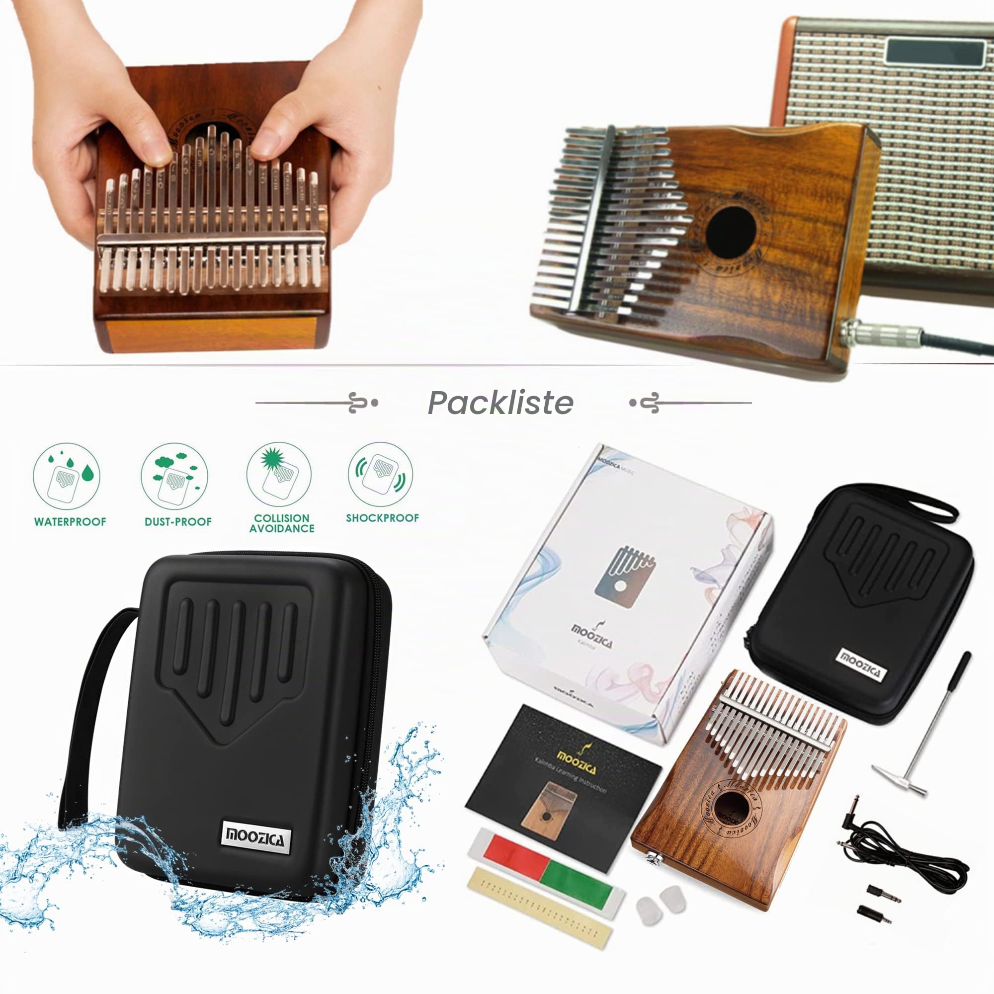 MOOZICA 17 Tasten EQ Kalimba Marimbaphone aus Koa-Holz Mit Integriertem Tonabnehmer und Professionellem Gehäuse (K17K-EQ)