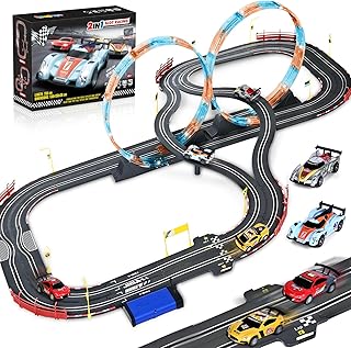 Slot Car Race Track Sets with 4 Slot Cars, 2 in 1 Electric Race Cars Track,Dual Power (Source) Car Tracks,Dual Racing Game Lap Counter Circular Overpass Track, Gift Toy for Boys Kids Ages 6 7 8-12