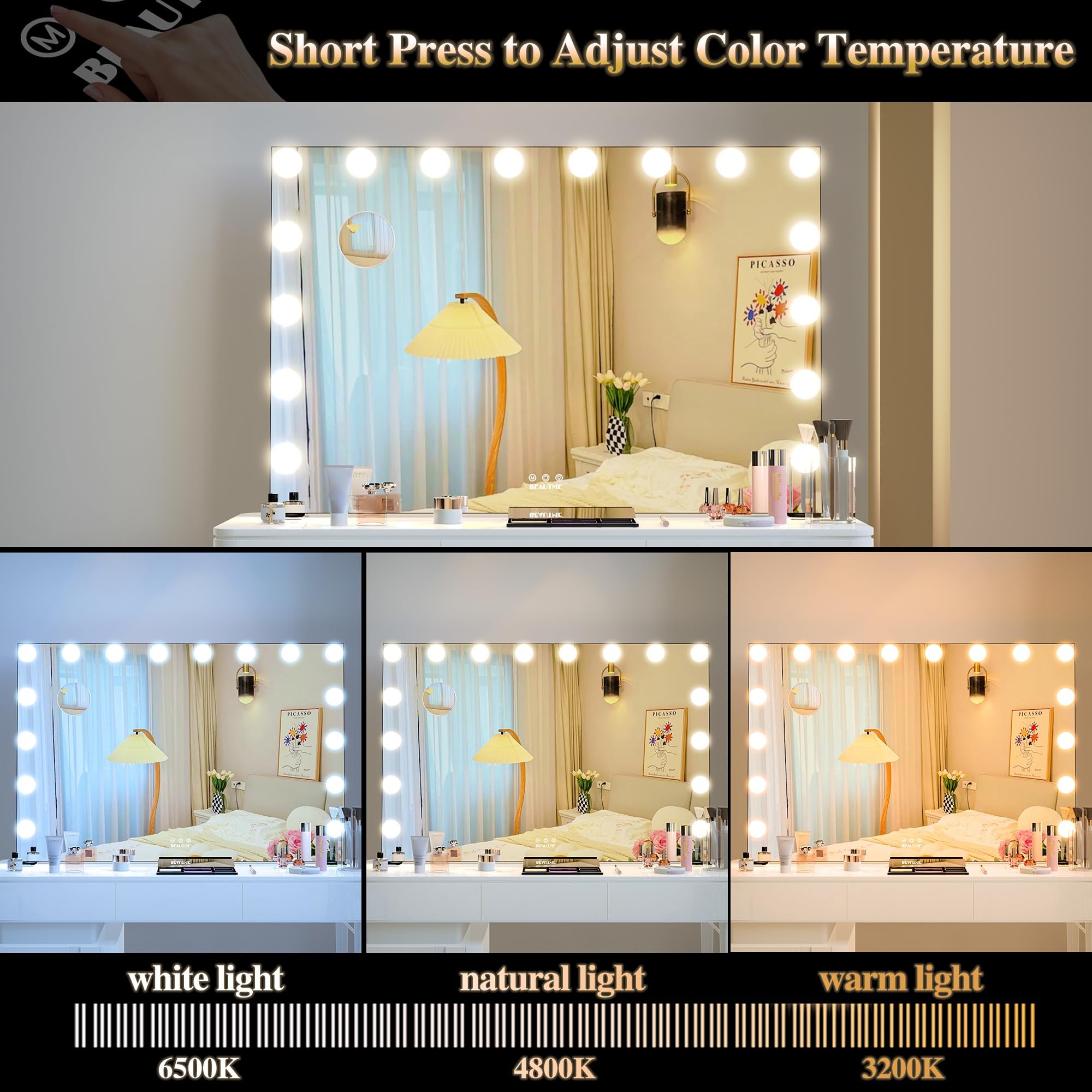 BEAUTME Hollywood Specchio Trucco con Luci, 91x62 cm Specchio Trucco con 16 Lampadine LED, 3 modalità di Illuminazione, Controllo Touch,10X Ingranditore, Montaggio su tavolo o a parete,Nero