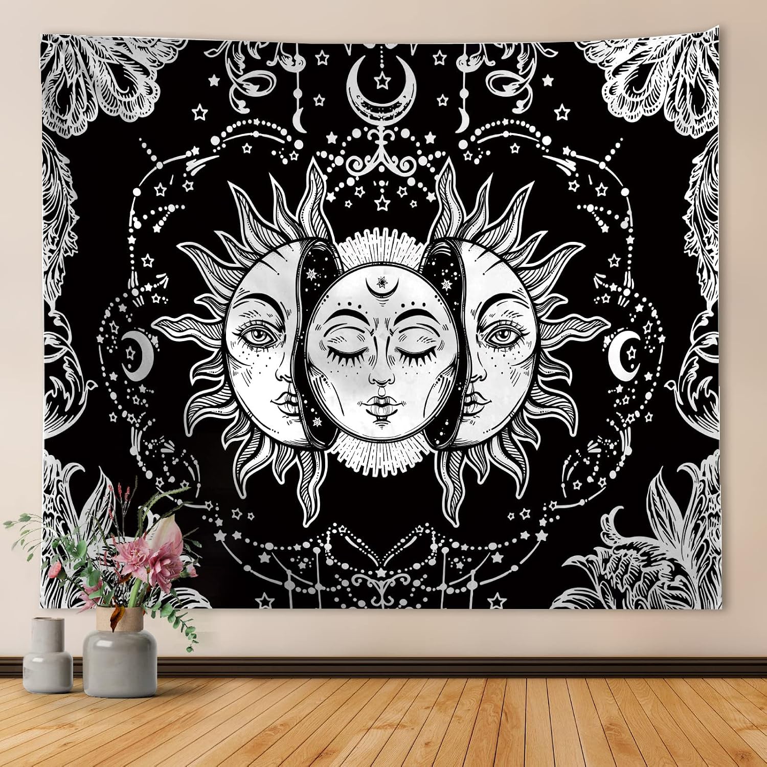Yeacun Sun and Moon Tapestry, Burning Sun with Stars Psychedelic Popular Mystic Wall Hanging Tapestry Black and White Sun Home Decor(60L x 50W inches)
