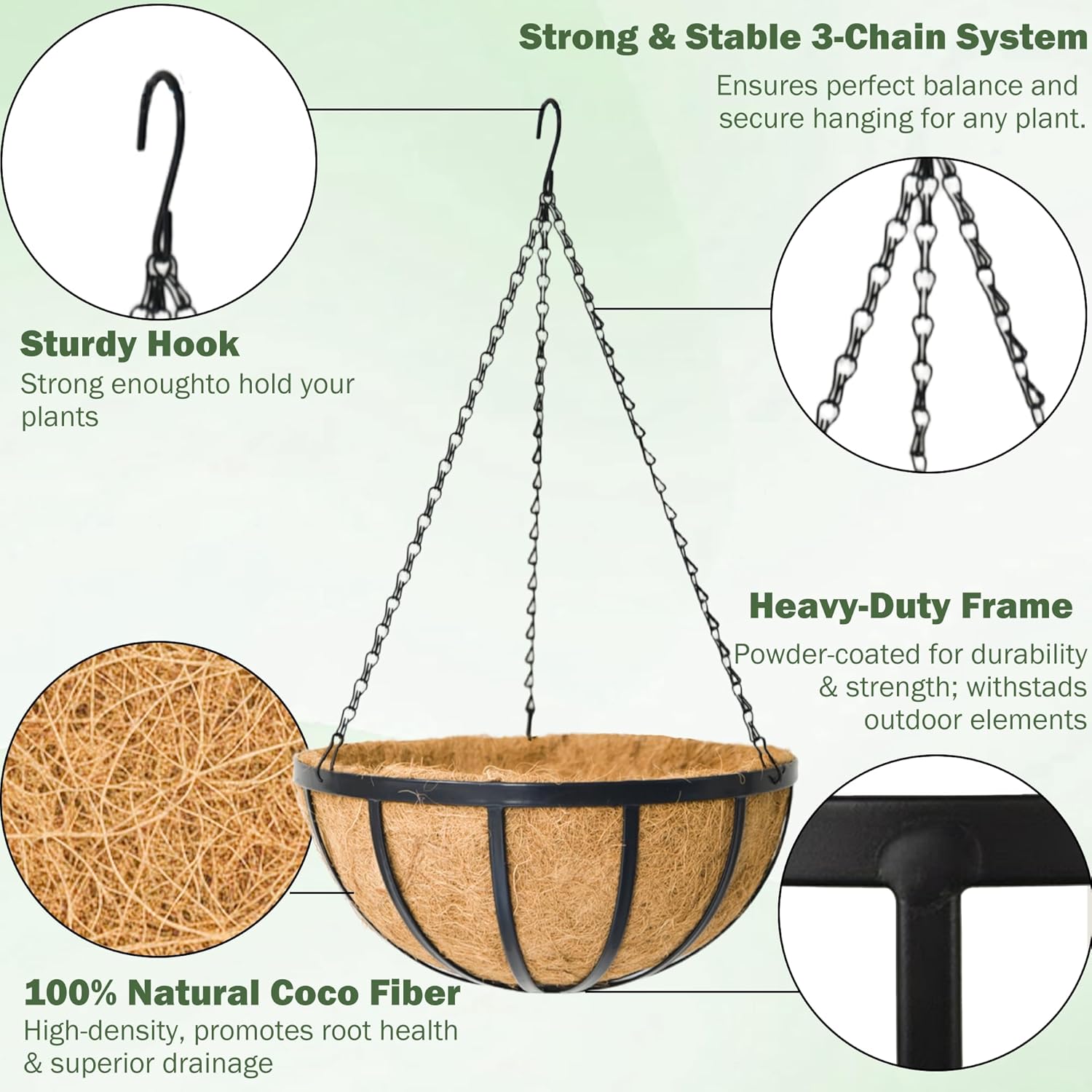 4 Pack 14 Inch Round Hanging Basket with Coco Liners， Metal Hanging Baskets for Plants Outdoor， Hanging Planter with Chain Garden Products for Outdoor, Porch, Lawn, Garden