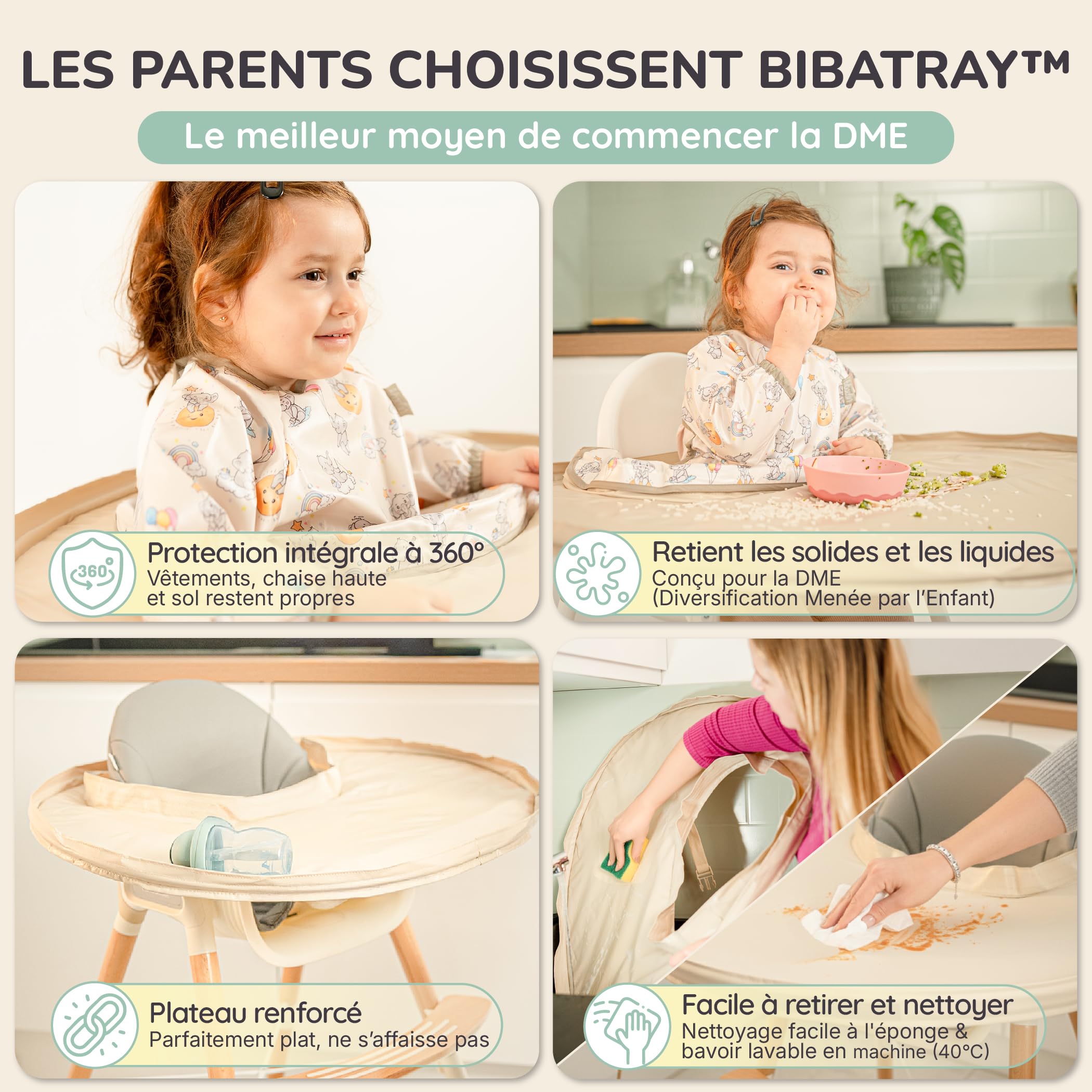BIBATRAY™ L – Plateau pour Diversification Alimentaire Bébé & Bavoir Manches Longues Imperméable Intégral – Accessoire Chaise Haute bébé + Sac Cordon – Compatible Bebeconfort – 6 Mois+