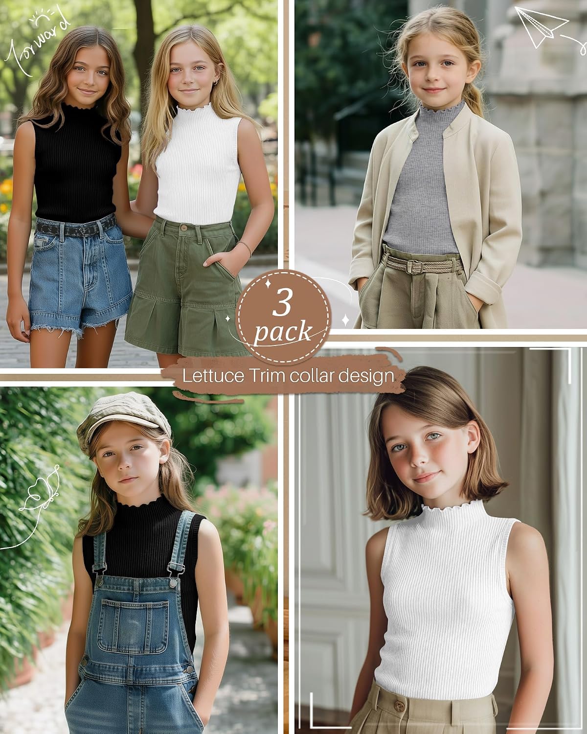 3 Pack Girls' Ribbed Tank Tops | Sleeveless, Ruffle, Slim Fit, Lettuce Trim, Mock Turtleneck, Under Shirts, Casual, Dailywear
