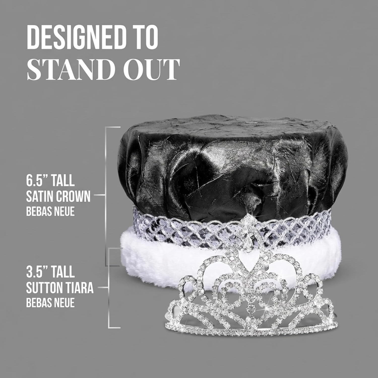 Sutton Tiara and Crushed Satin Crown with Silver Band and White Fur