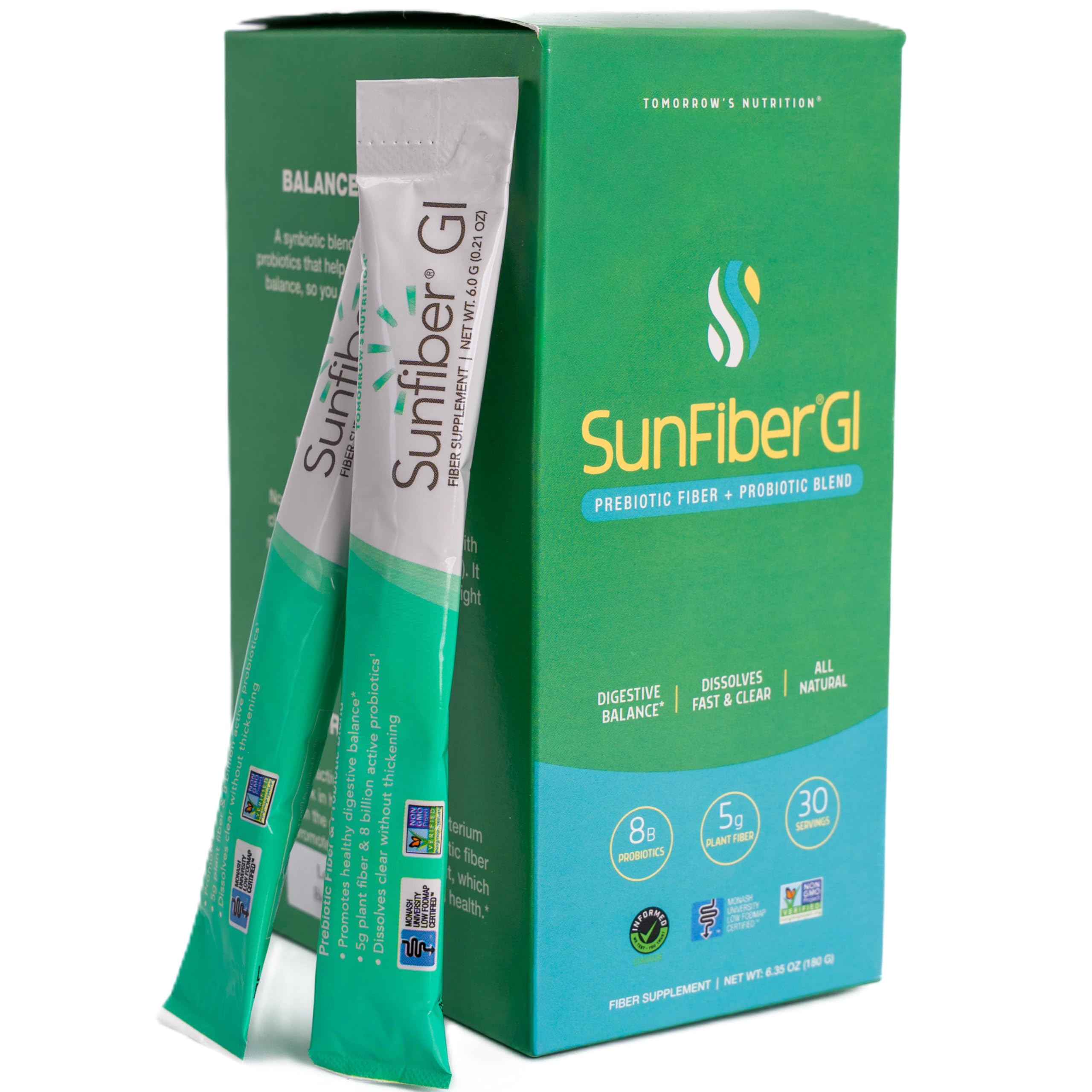Tomorrow's Nutrition Sunfiber GI, Prebiotic Fiber & Probiotic Blend, 5g Prebiotic Fiber & 8 Billion Probiotics Per Serving, Low FODMAP, 30 Packets, Unflavored