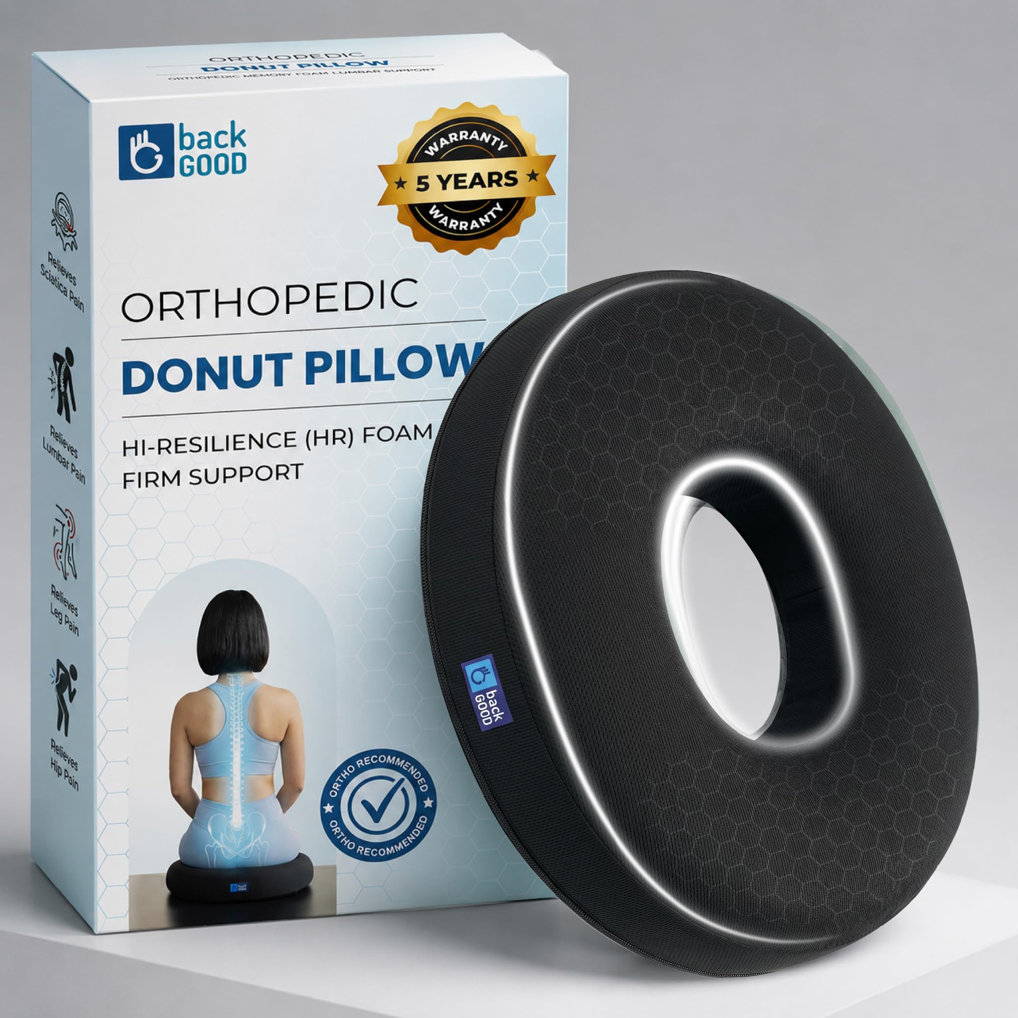 Orthopedic Donut Ring Pillow | 5-Year Warranty | Hemorrhoids, Piles, Prostate, Pregnancy, Sciatica, Tailbone Lower Back Pain Relief | Ortho Design High-Density Foam |Donut Coccyx Seat Cushion-picture-14