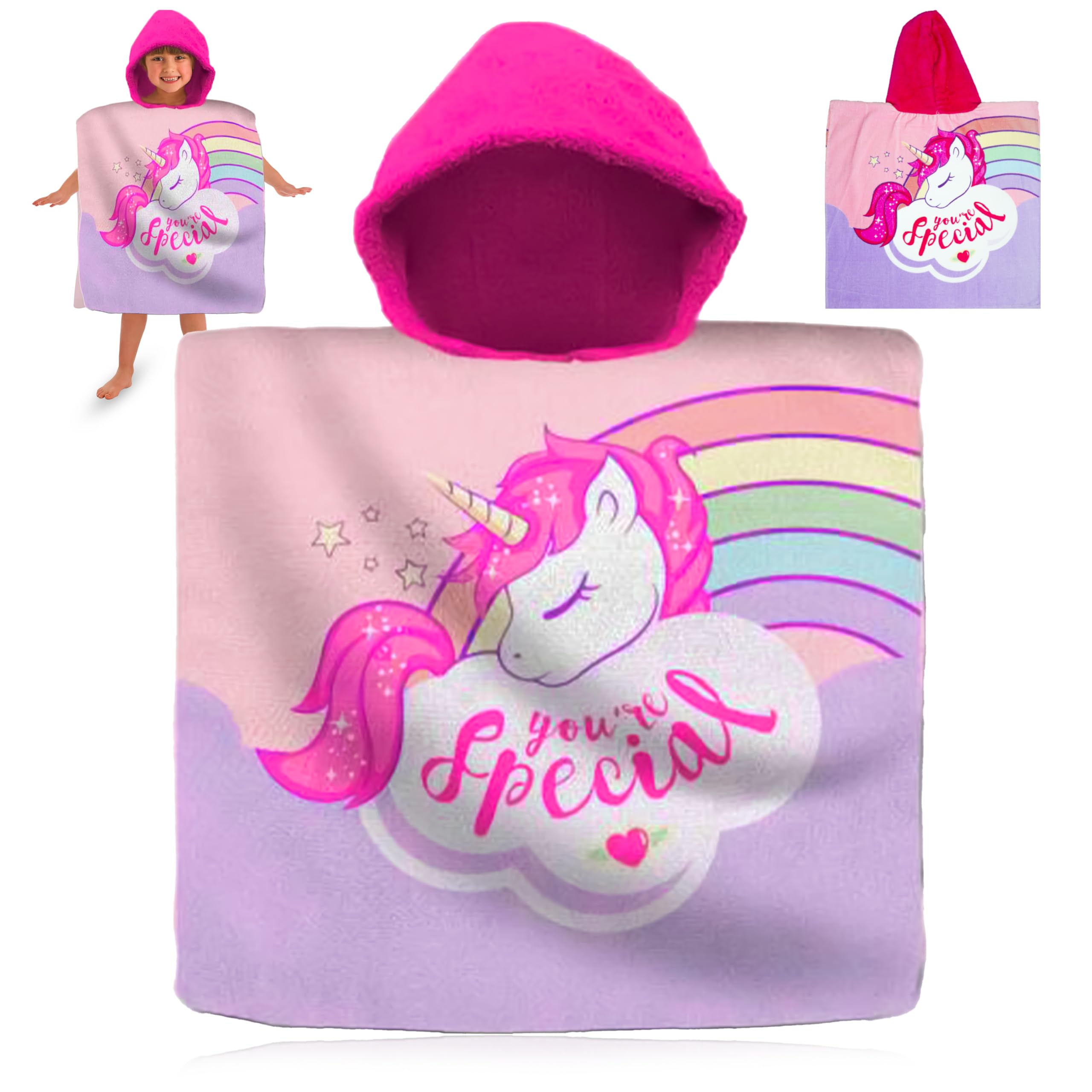SRV Hub Unicorn Girls Hooded Towel Poncho 120x60cm | Magic Cotton Bathrobe for Beach, Bath & Pool | Quick Dry Poncho for Kids 3-6 Years | Summer Essentials Gift