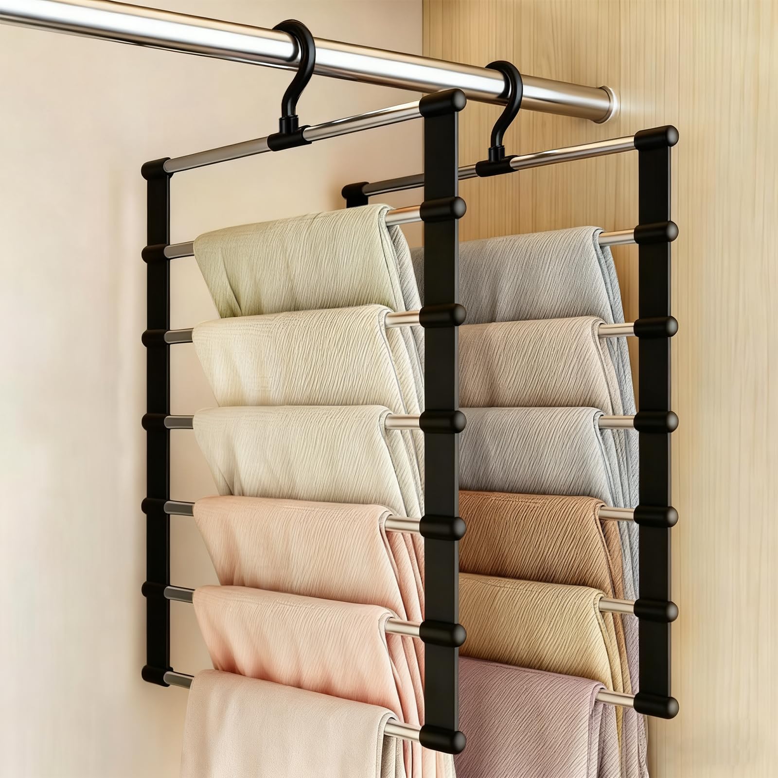 VirtuGro 2 Pack Trouser Hangers Space Saving Black Metal Coat Pants Hangers, 360° Rotatable 6-Tier Stainless Steel Multi Jeans Hanger Closet Organizer for Wardrobe Towel Ties Belt Scarf Clothes Skirt