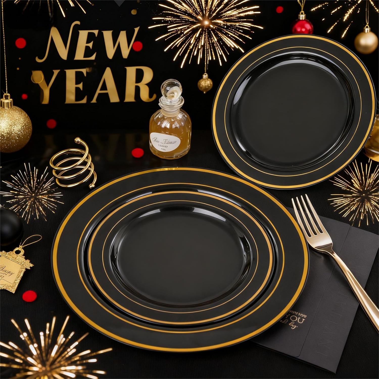 FLOWERCAT 100PCS Black and Gold Plates - Heavy Duty Black Plates Disposable for Halloween Party/New Year/Birthday- Include 50PCS 10.25inch Dinner Plates - 50PCS 7.5inch Dessert Plates - Image 5