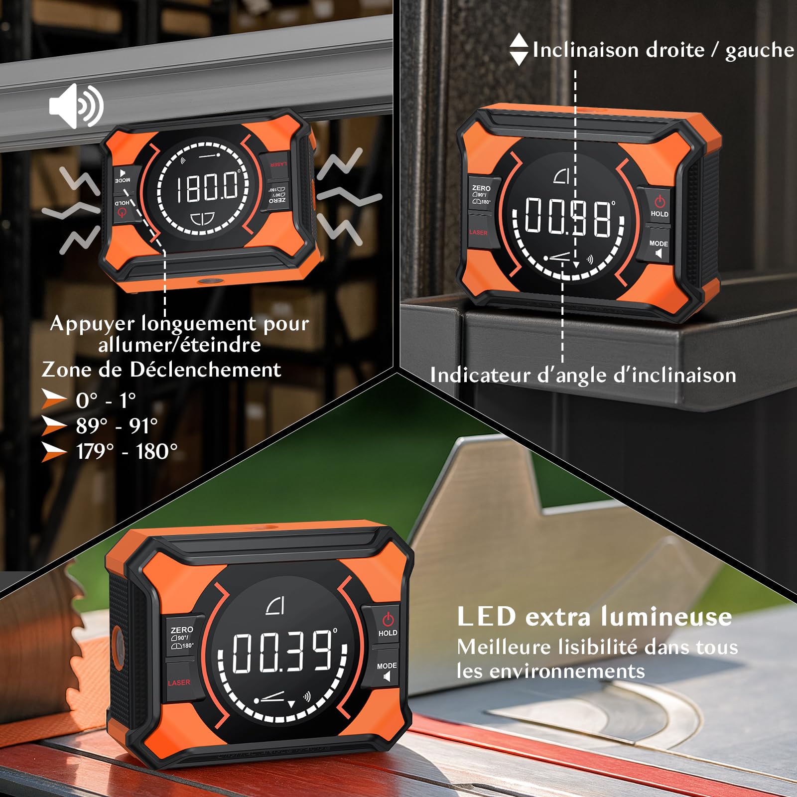 Inclinomètre Numérique Rechargeable 4 * 90° Et 2 * 180° Avec Fonction Laser Écran LCD Étanche IP54 Laser À Lignes Croisées avec Aspiration Magnétique Pour Menuiserie Chantier Et Décoration