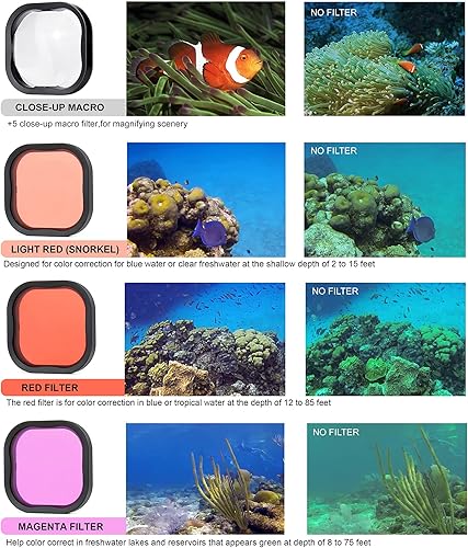 Miniatura 5 de SOONSUN Paquete de 4 filtros de buceo para GoPro Hero 11, 10, 9, 8, carcasa impermeable oficial, rojo, rojo claro, magenta, 5 filtros macro de
