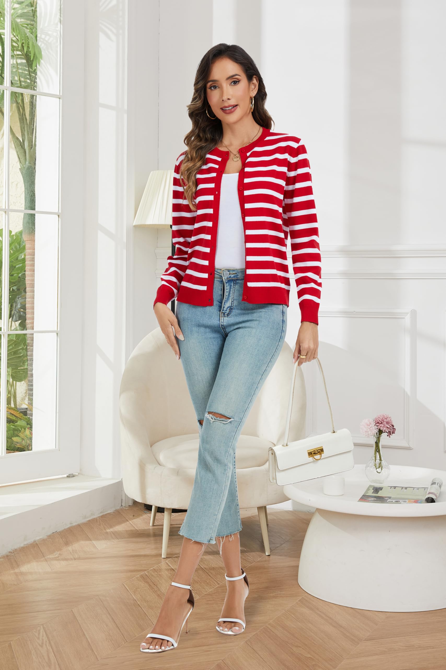 CUNYI Cardigan de Punto para Mujer Rebeca Cuello Redondo Clásico Manga Larga Chaqueta de Mujer con Botones Abrigo Elegante, Rojo y Blanco S