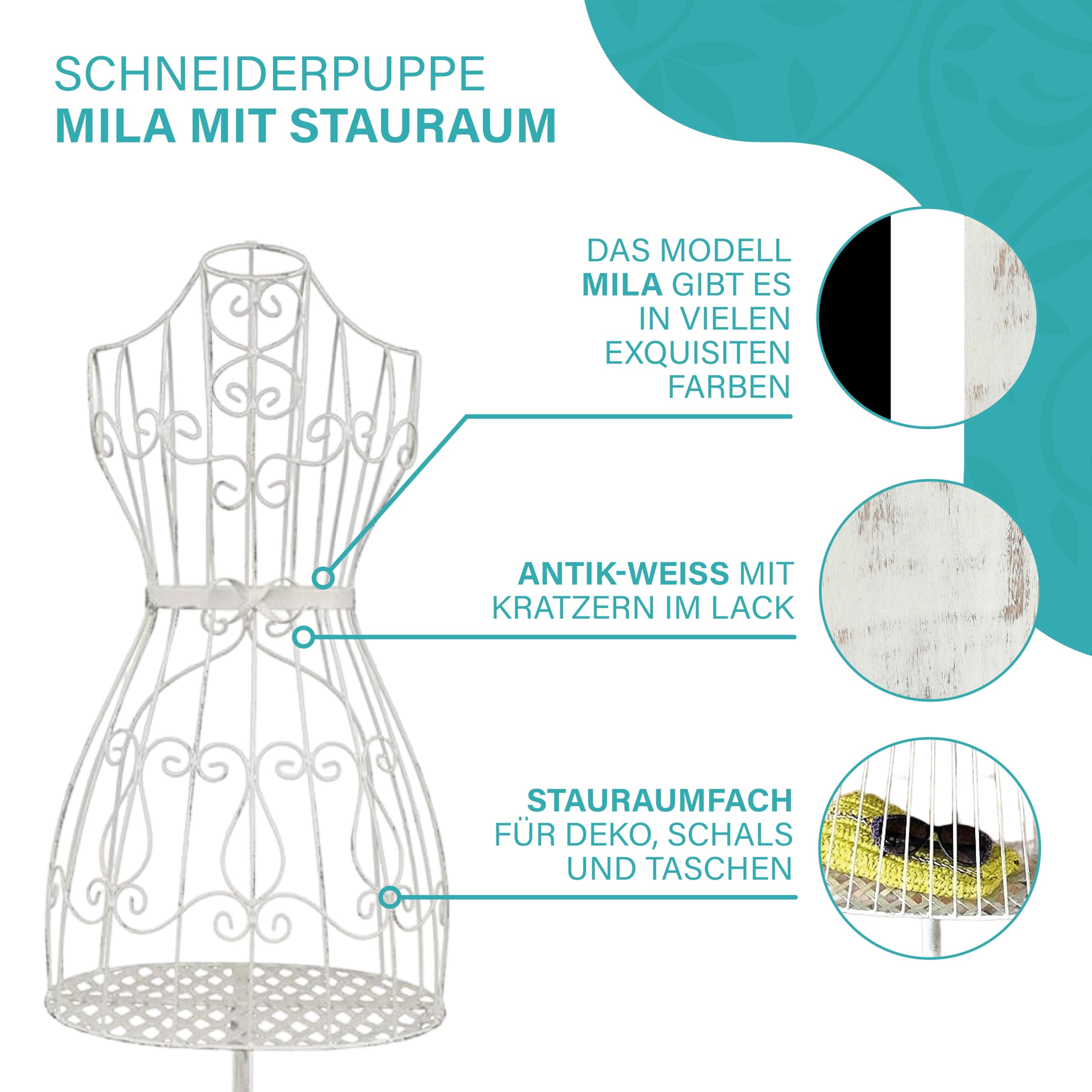 PrimoLiving Metall Schneiderpuppe Mila in Antik-Weiß mit Stauraumfach - Vintage Kleiderpuppe - ideal als weibliche Schaufensterpuppe oder Kleiderständer - P-14158